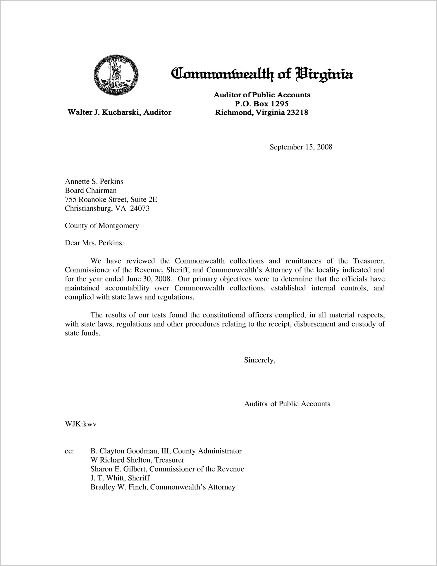 Commonwealth Collections and Remittances of the Treasurer, Commissioner of the Revenue, and Sheriff for the County of Montgomery for the year ended June 30, 2008