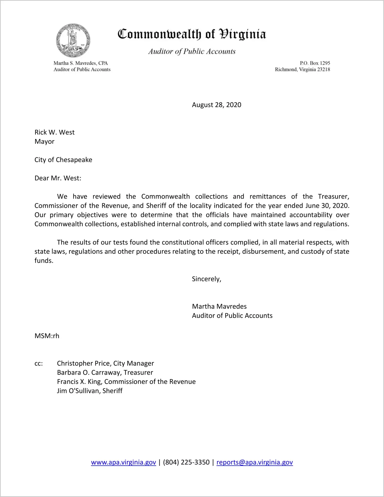 Commonwealth Collections and Remittances of the Treasurer, Commissioner of Revenue, and Sheriff for the City of Chesapeake for the year ended June 30, 2020