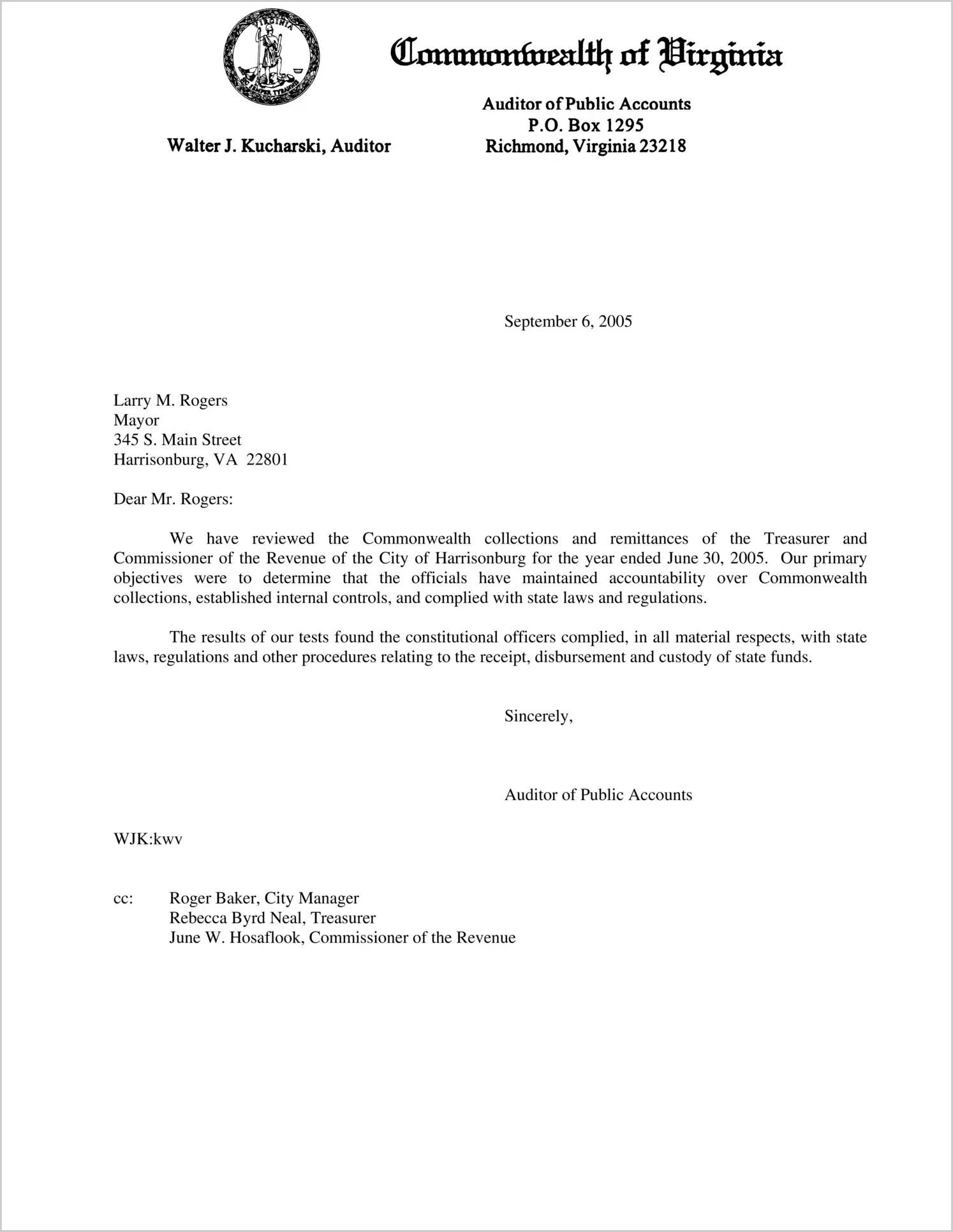 Commonwealth collections and remittances of the Treasurer and Commissioner of the Revenue of the City of Harrisonburg for the year ended June 30, 2005