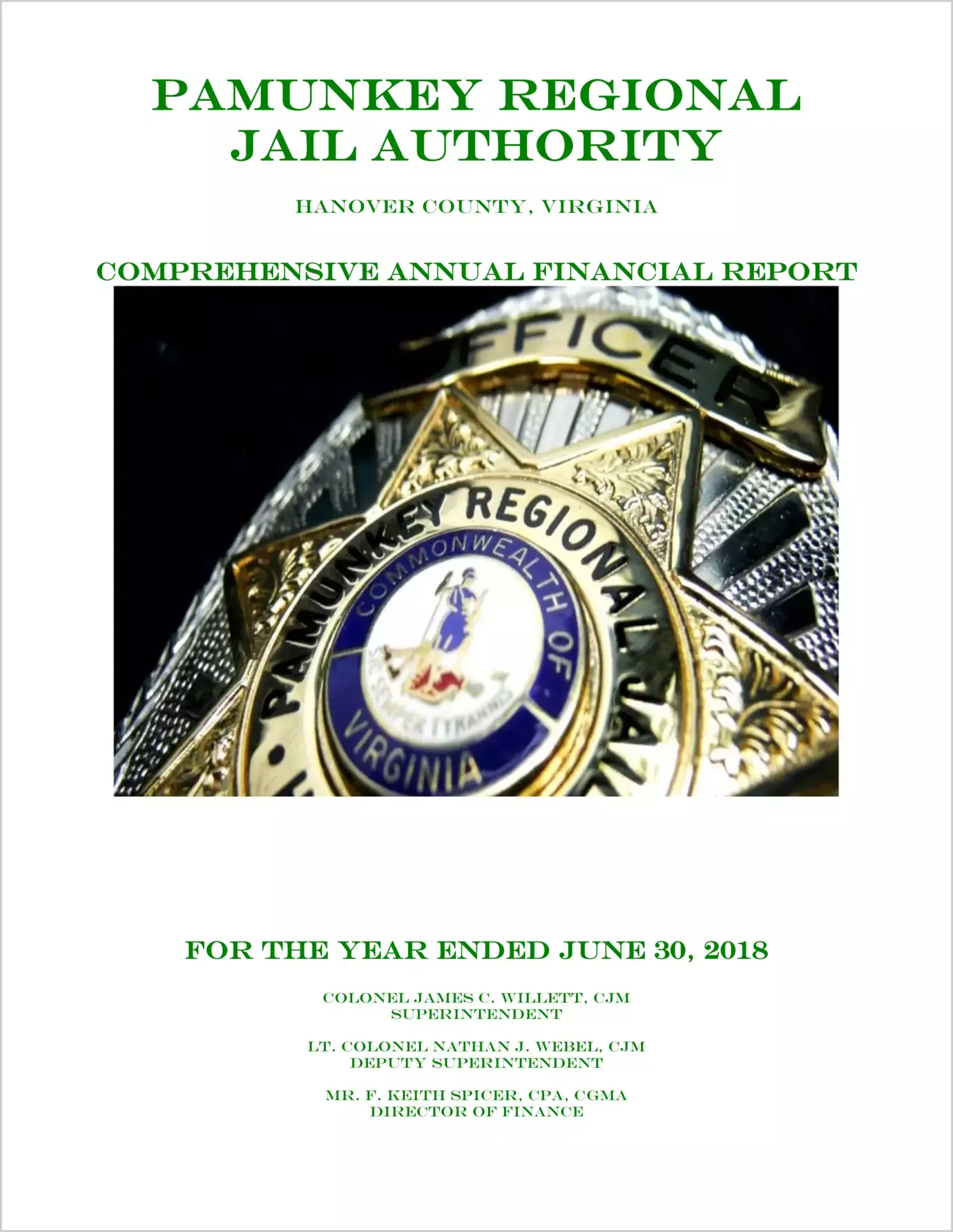 2018 ABC/Other Annual Financial Report  for Pamunkey Regional Jail Authority