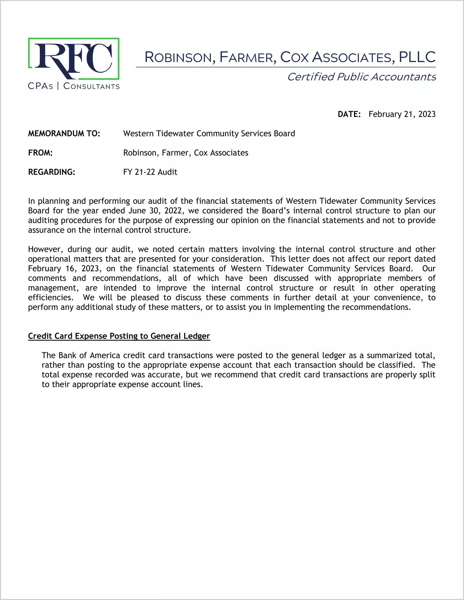 preview of 2022 ABC/Other Management Letter for Western Tidewater Community Services Board