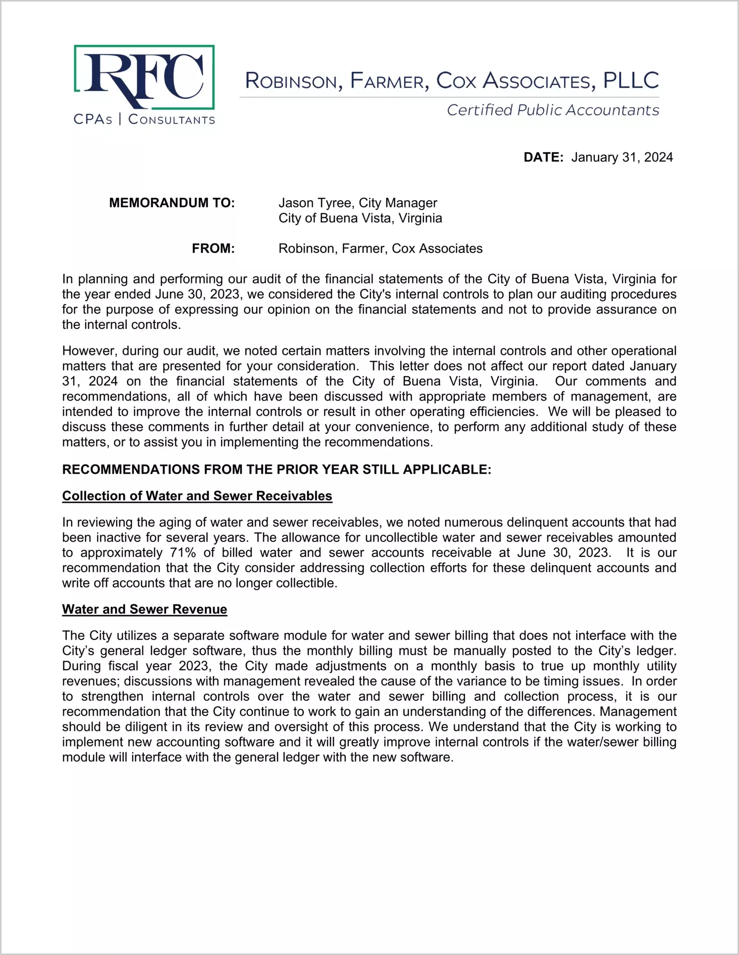 preview of 2023 Management Letter for City of Buena Vista