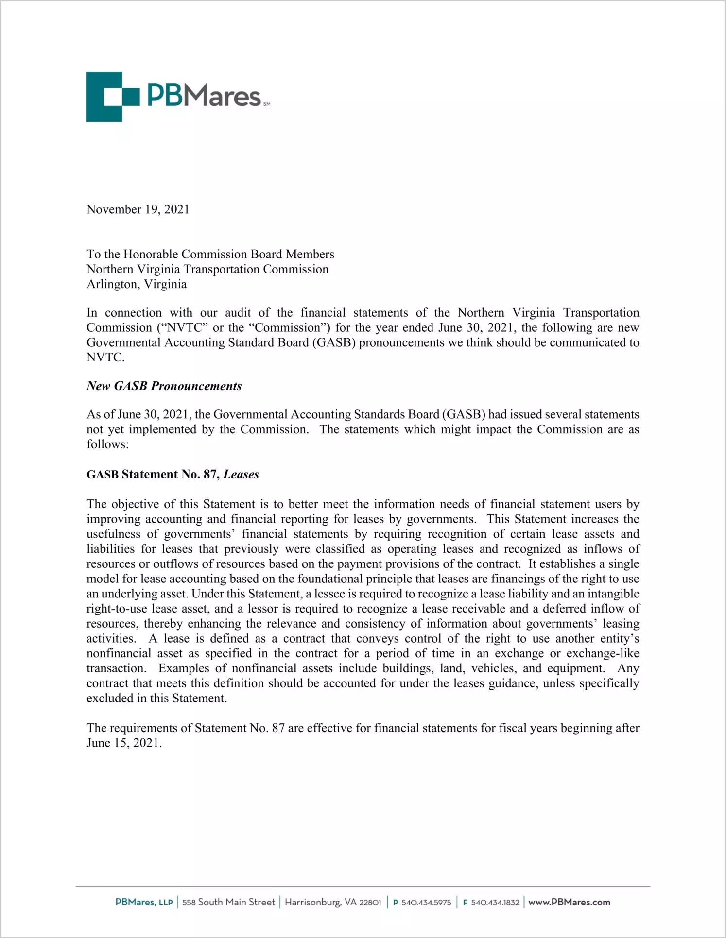 preview of 2021 ABC/Other Management Letter for Northern Virginia Transportation Commission