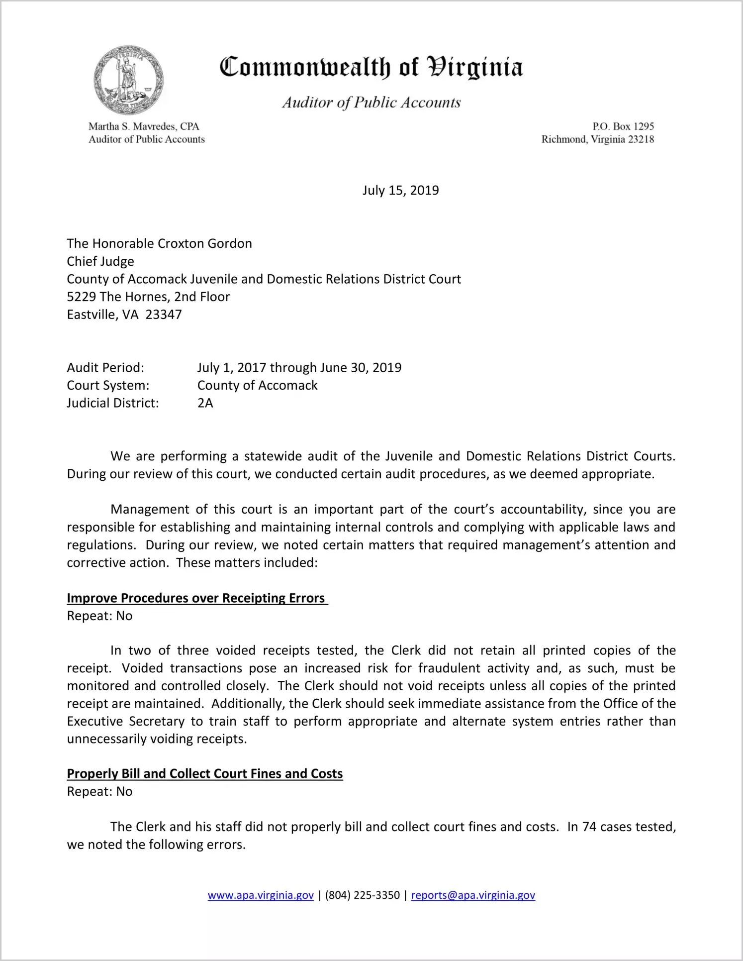 Juvenile and Domestic Relations District Court for the County of Accomack for the period July 1, 2017 through June 30, 2019