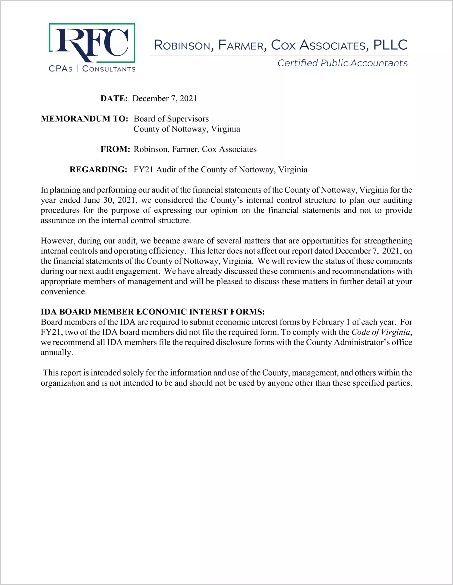 preview of 2021 Management Letter for County of Nottoway
