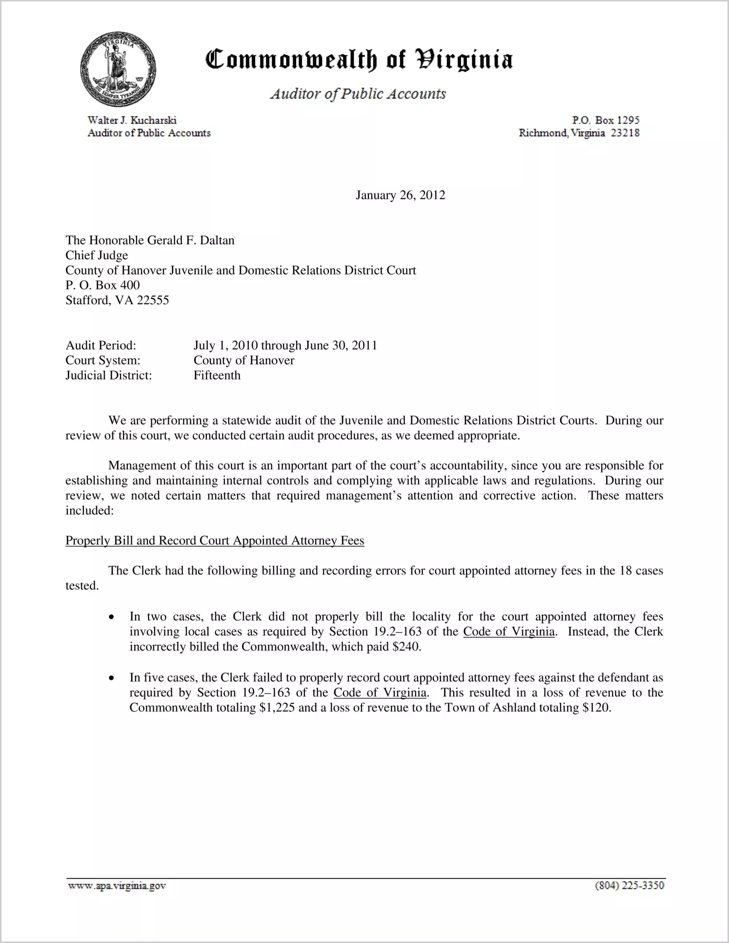 Clerk of the Juvenile and Domestic Relations Court for the County of Hanover for the period July 1, 2010 through June 30, 2011