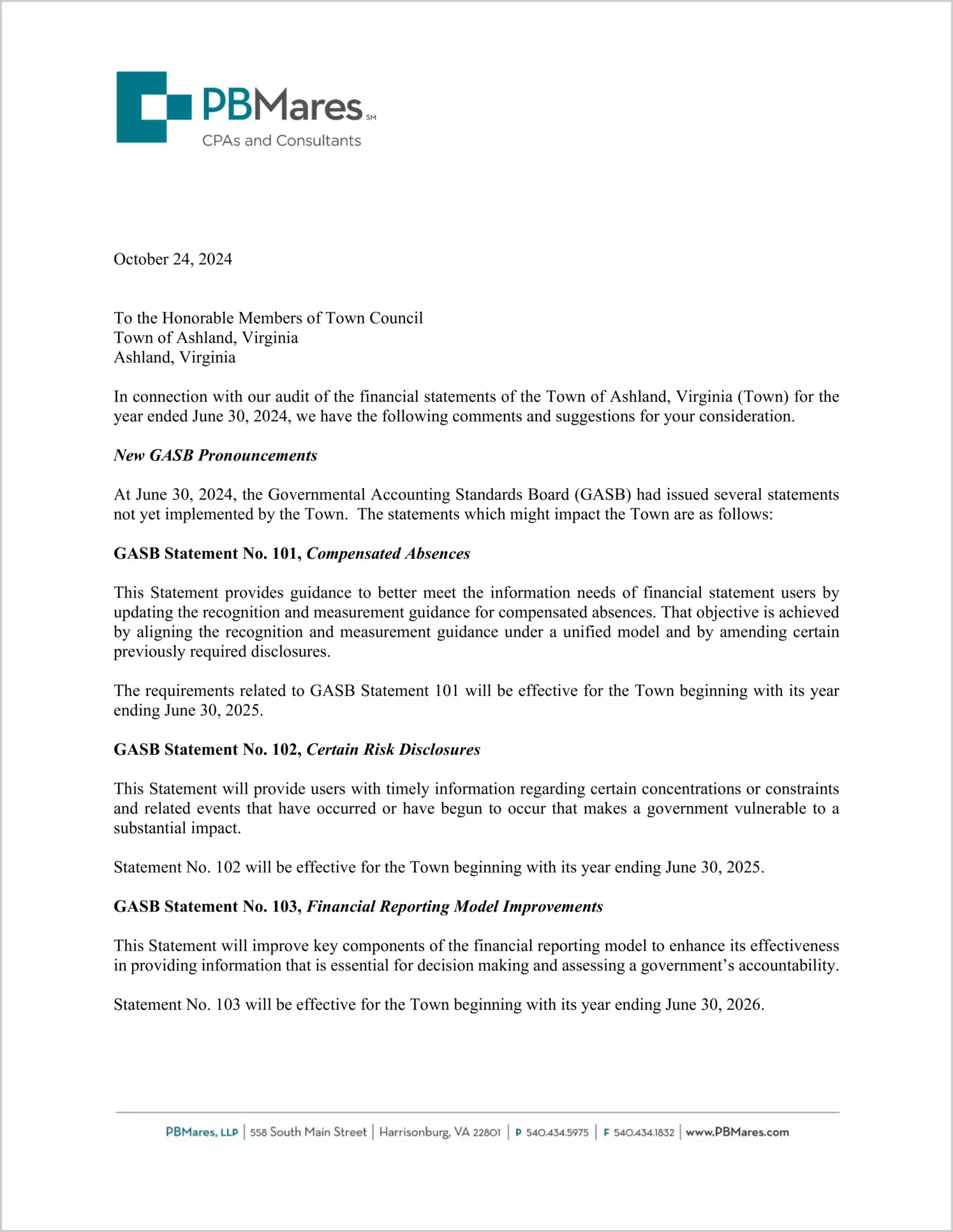 preview of 2024 Management Letter for Town of Ashland