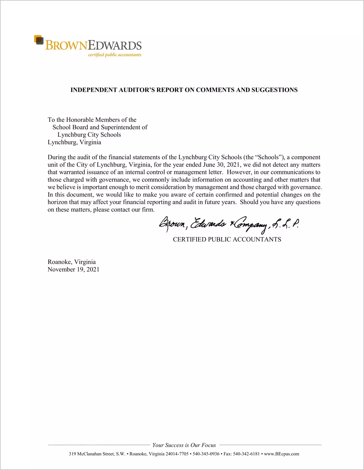 preview of 2021 Public Schools Management Letter for City of Lynchburg