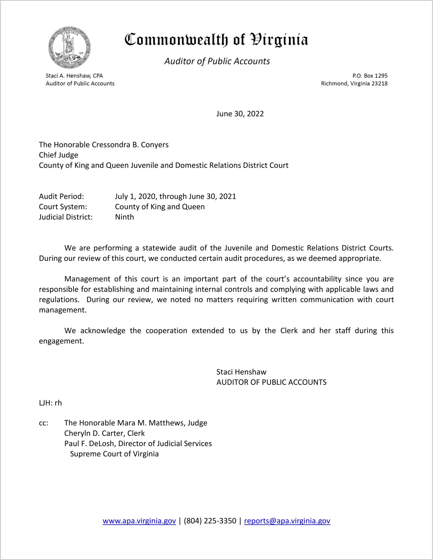 Juvenile and Domestic Relations Court for the County of King and Queen for the period July 1, 2020 through June 30, 2021