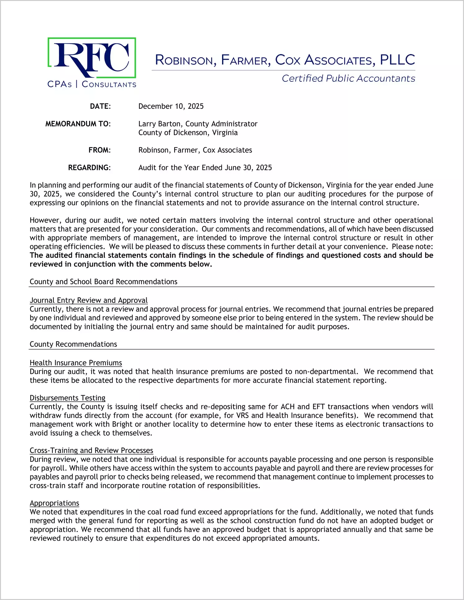 preview of 2025 Management Letter for County of Dickenson