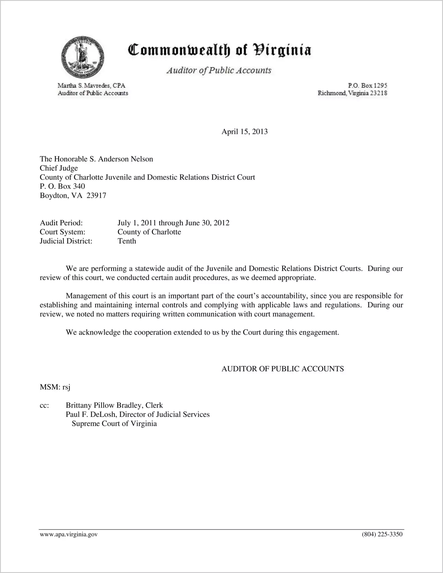 Clerk of the Juvenile and Domestic Relations Court for the County of Charlotte Report on Audit for the period July 1, 2011 through June 30, 2012