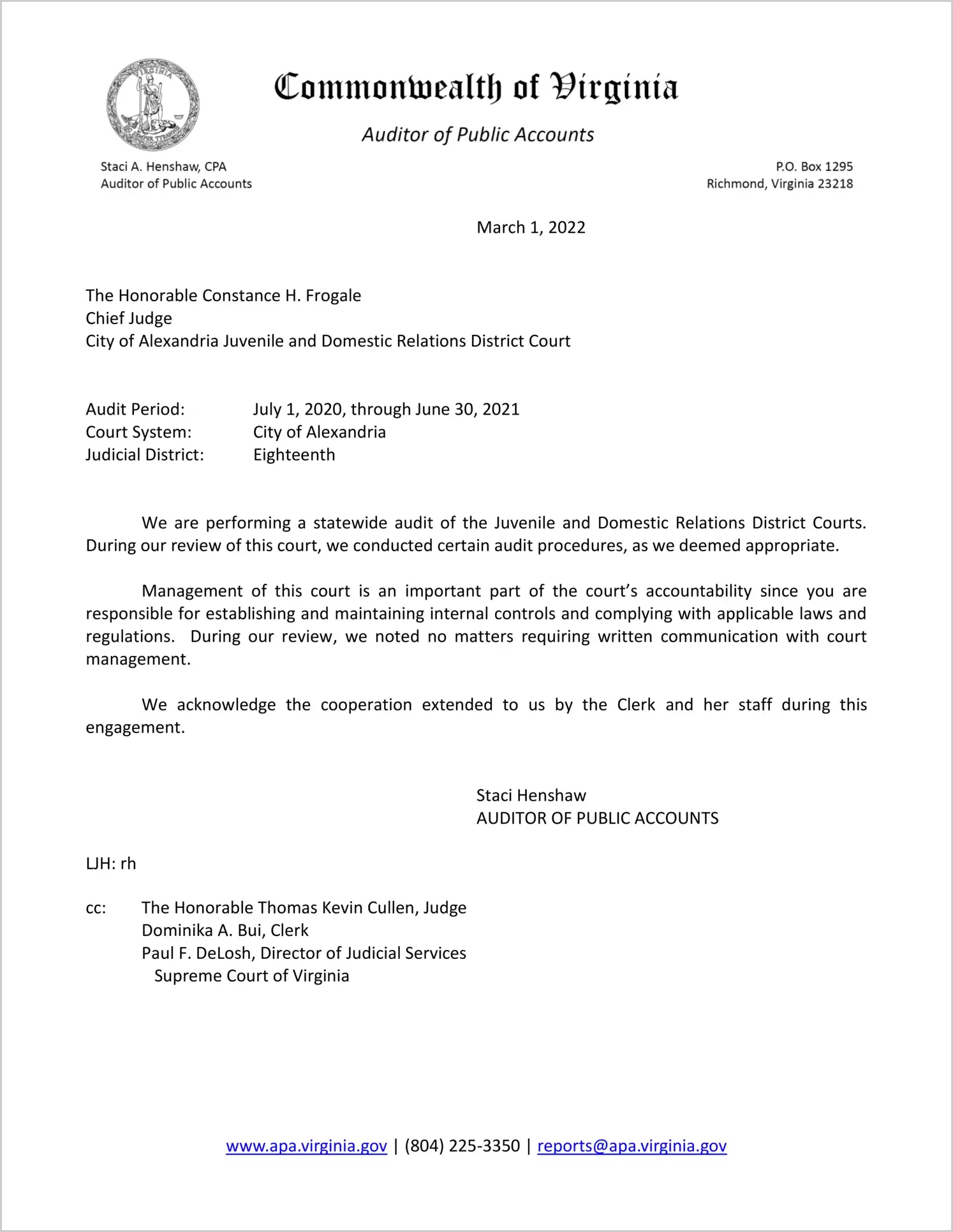 Juvenile and Domestic Relations Court for the City of Alexandria for the period July 1, 2020 through June 30, 2021