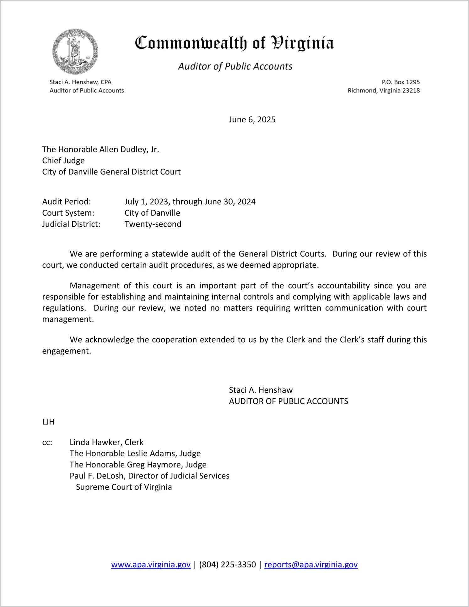 General District Court for the City of Danville for the period July 1, 2023 through June 30, 2024