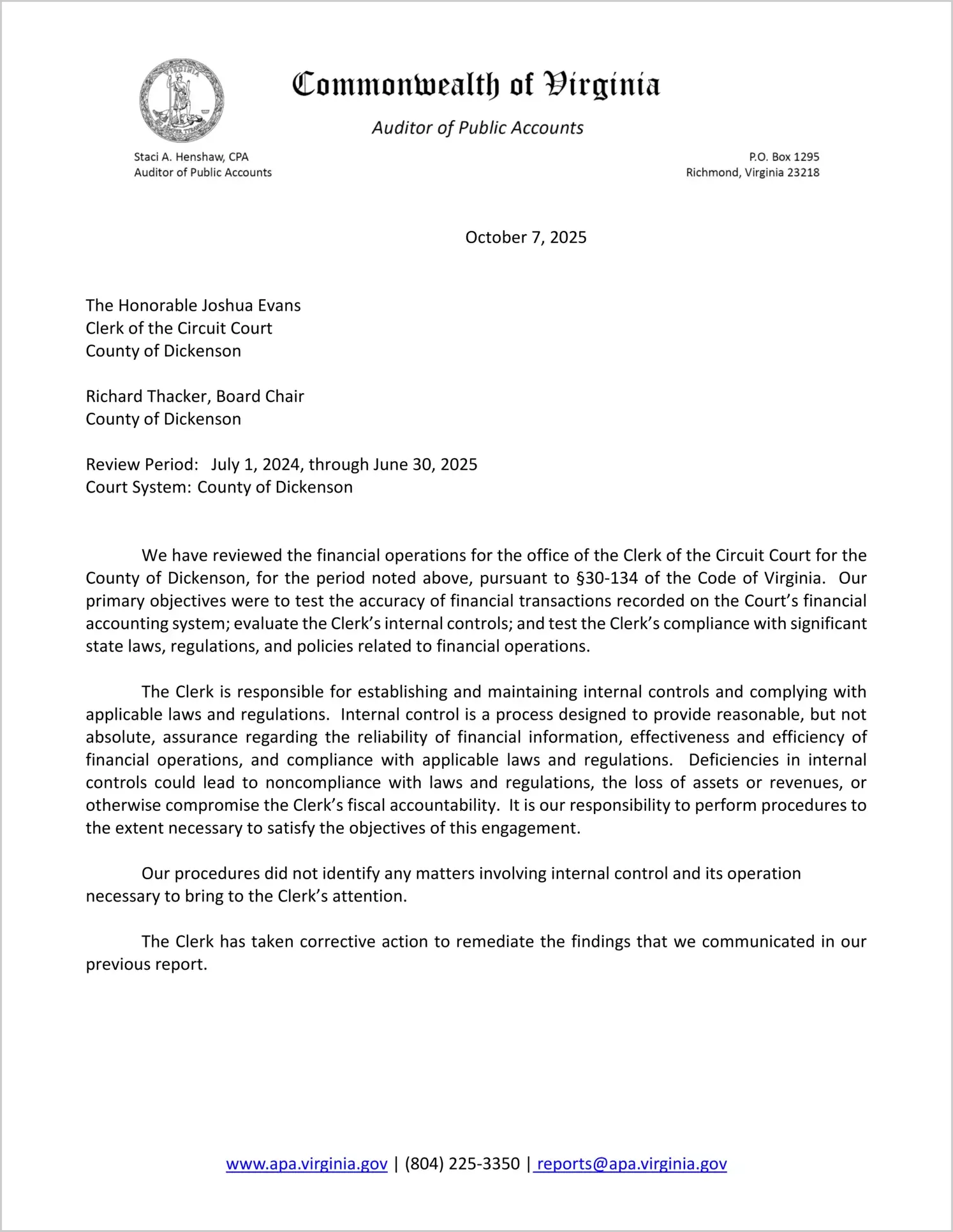 Clerk of the Circuit Court for the County of Dickenson for the period July 1, 2024 through June 30, 2025