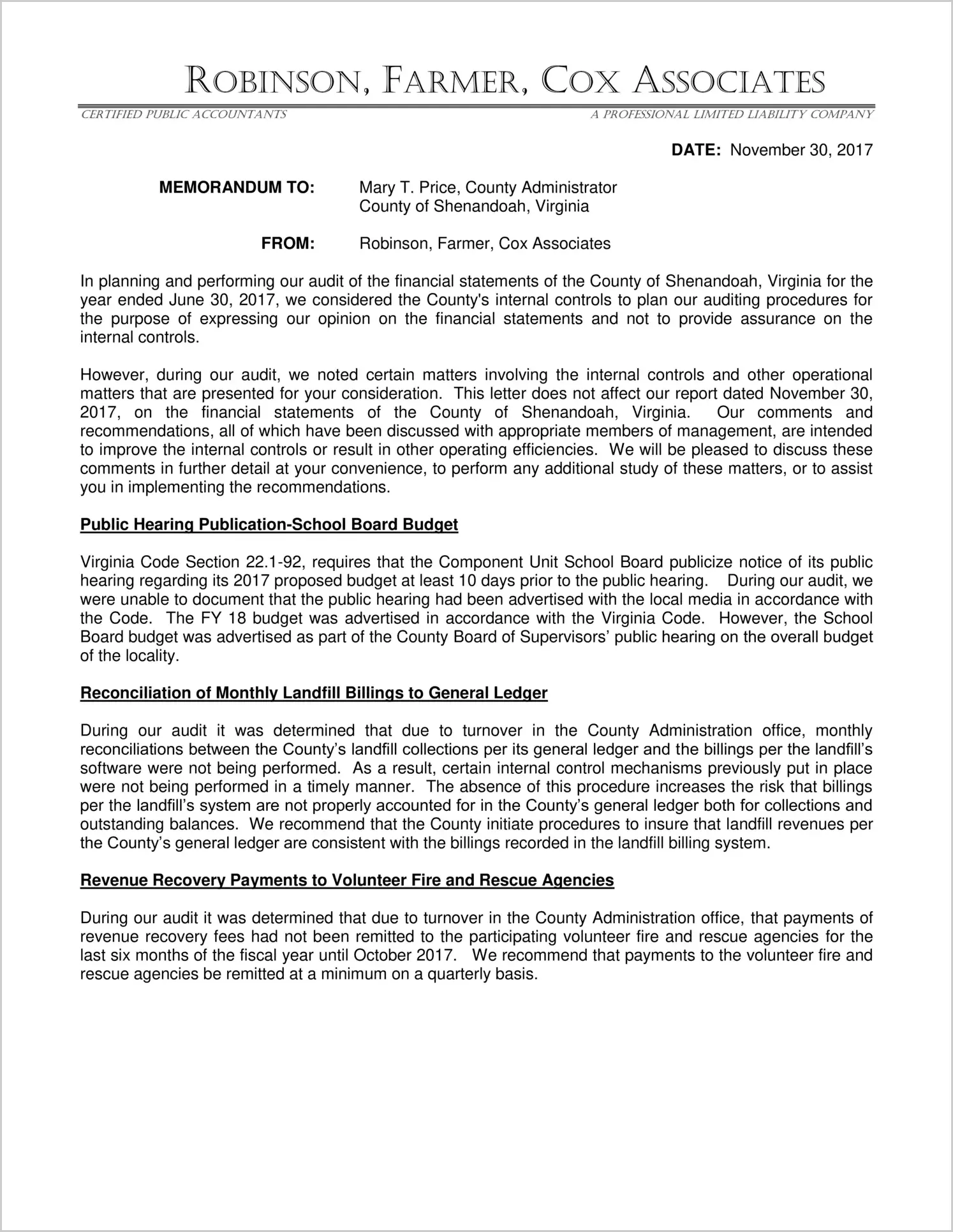 2017 Management Letter for County of Shenandoah