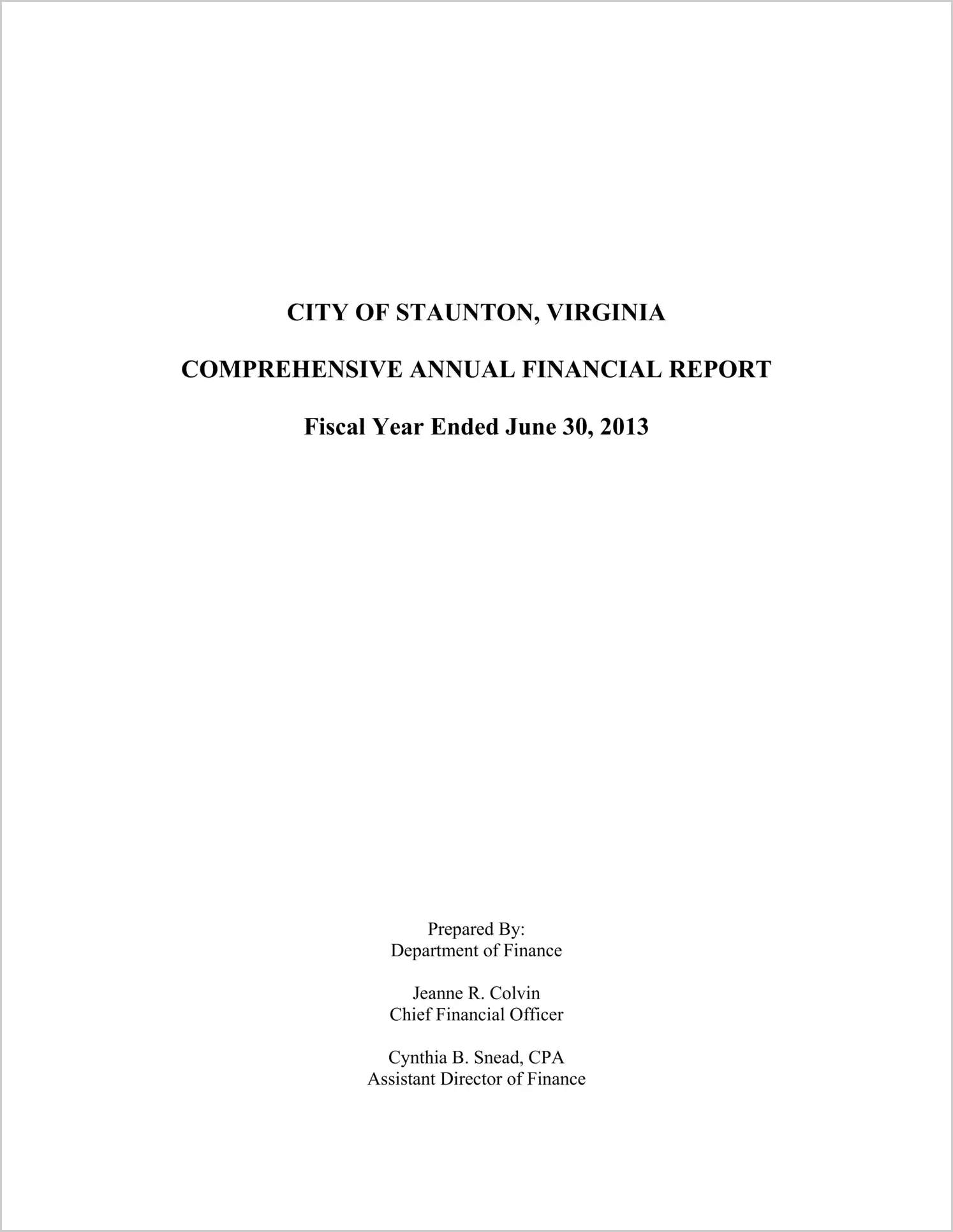2013 Annual Financial Report for City of Staunton