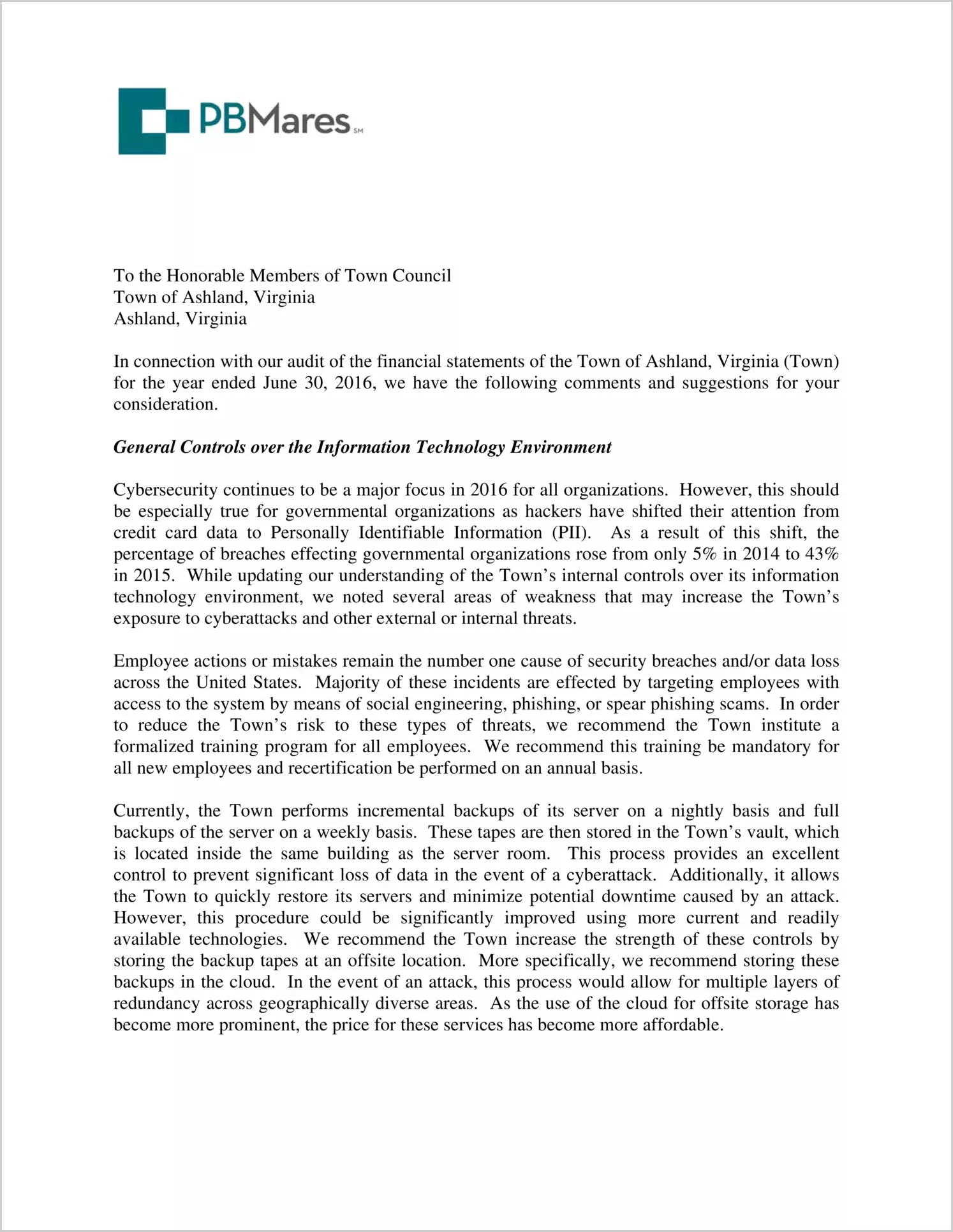 preview of 2016 Management Letter for Town of Ashland