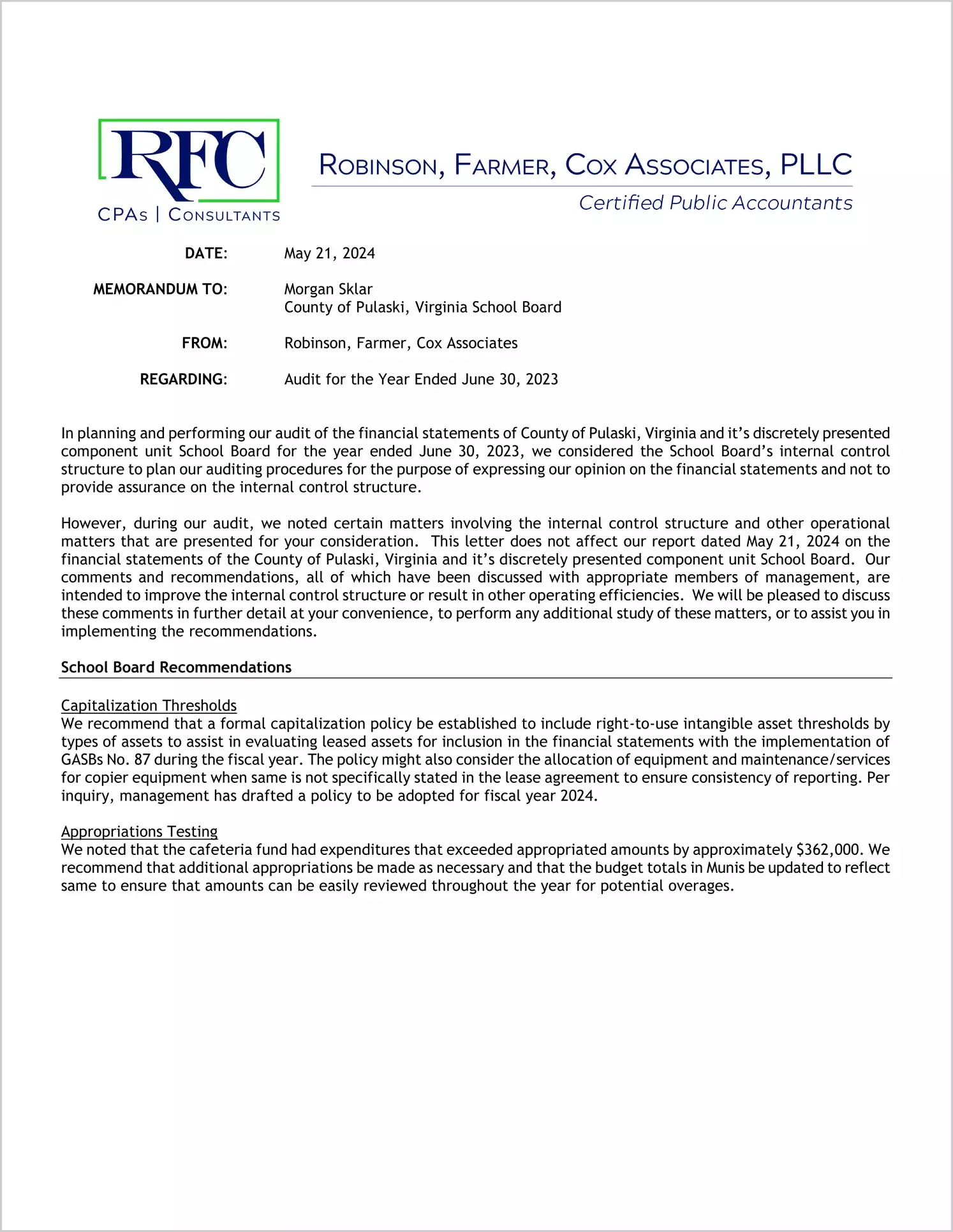 preview of 2023 Public Schools Management Letter for County of Pulaski