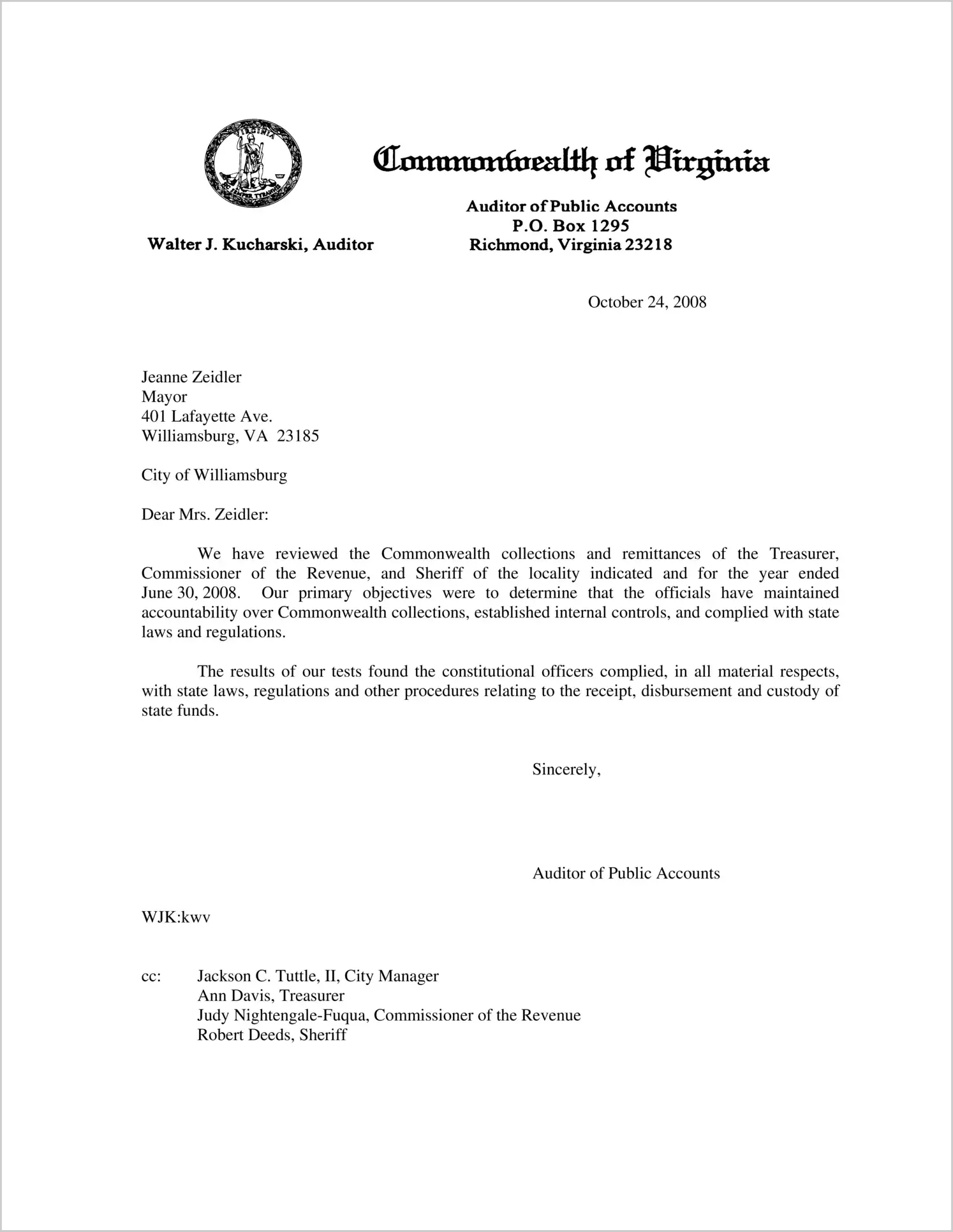 Commonwealth Collections and Remittances of the Treasurer, Commissioner of the Revenue, and Sheriff for the City of Williamsburg for the year ended June 30, 2008
