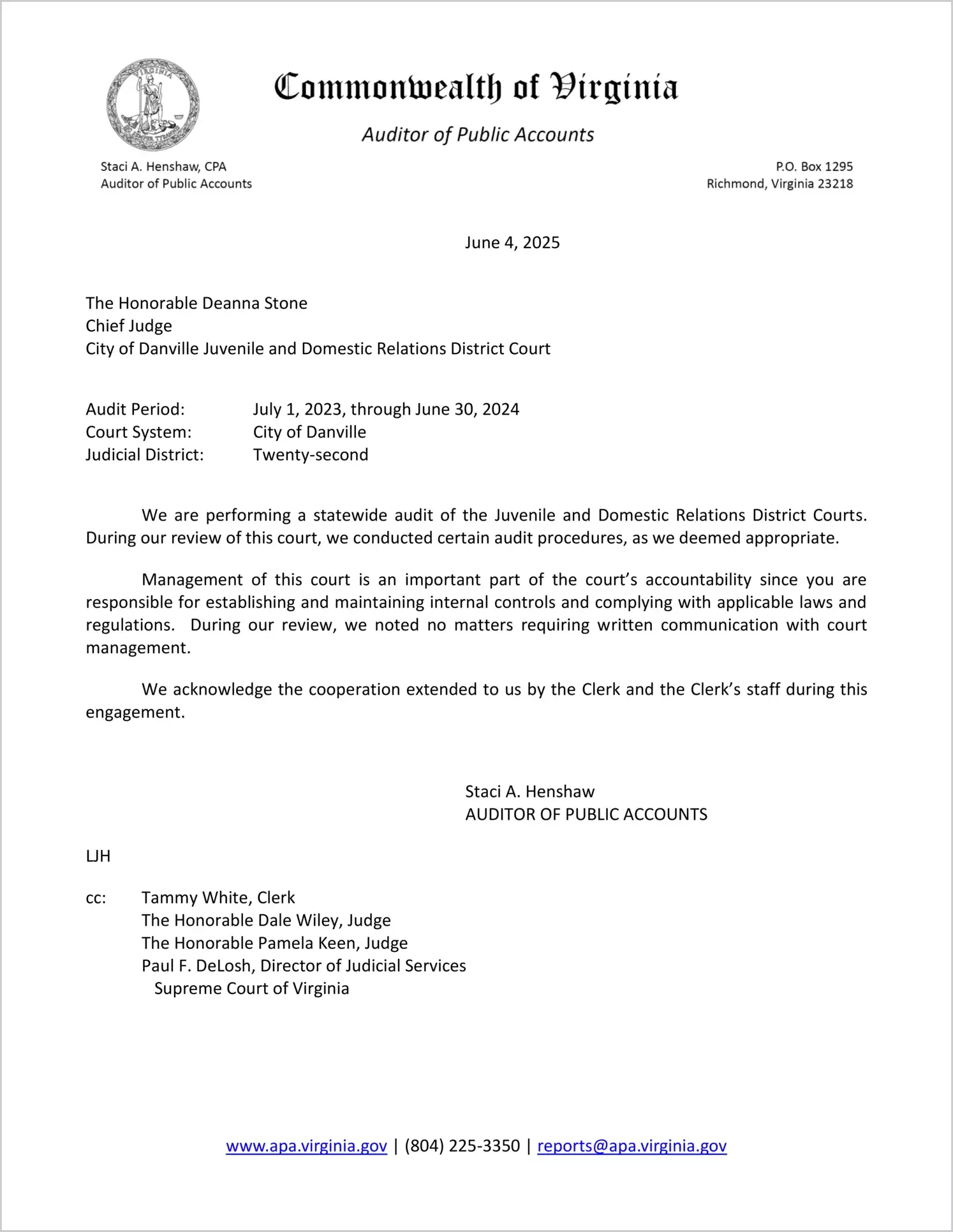 Juvenile and Domestic Relations District Court for the City of Danville for the period July 1, 2023 through June 30, 2024