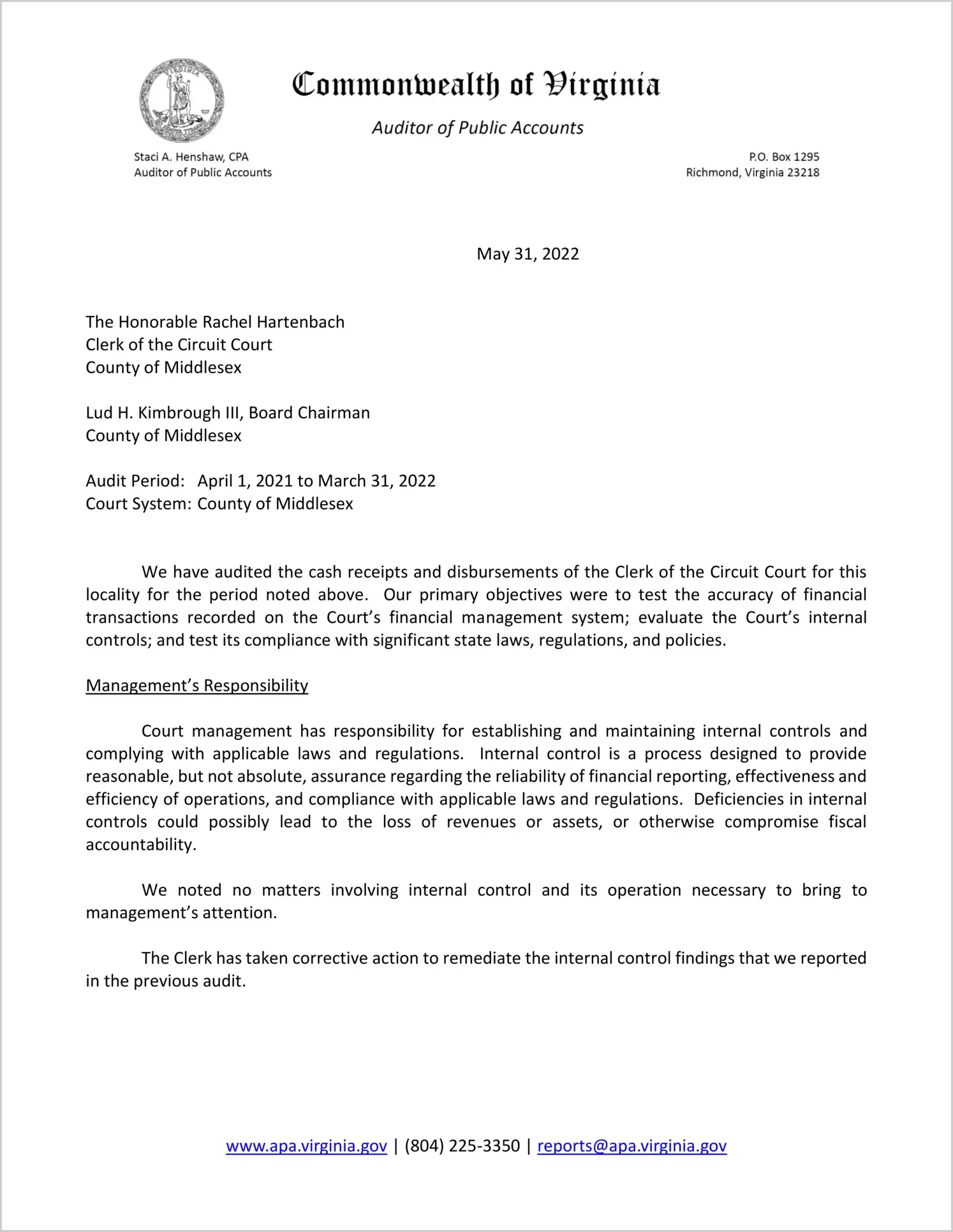Clerk of the Circuit Court for the County of Middlesex for the period April 1, 2021 through March 31, 2022