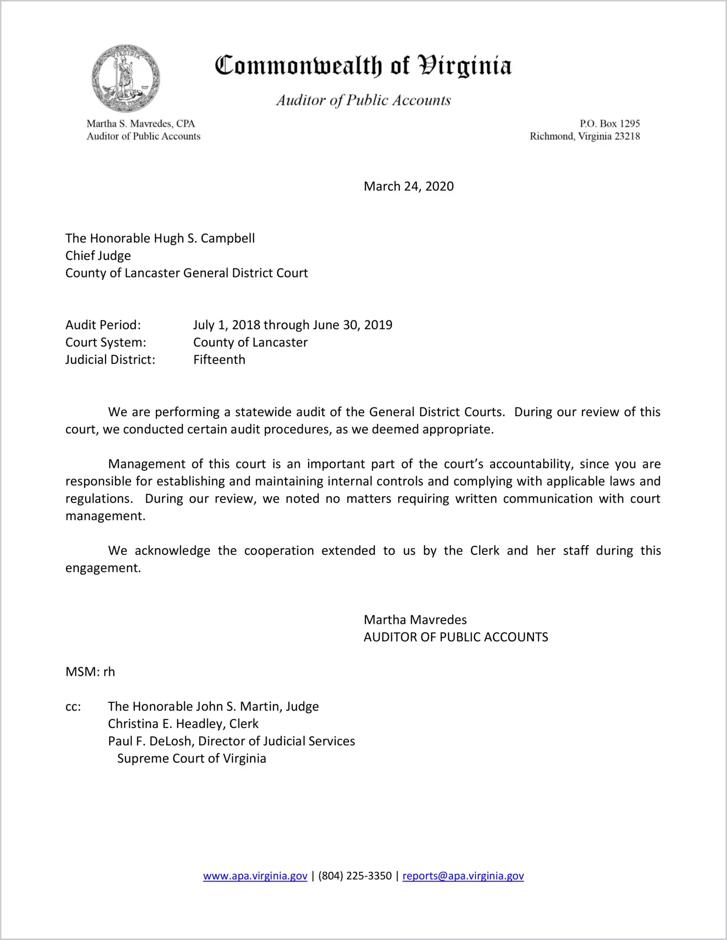 General District Court for the County of Lancaster for the period July 1, 2018 through June 30, 2019