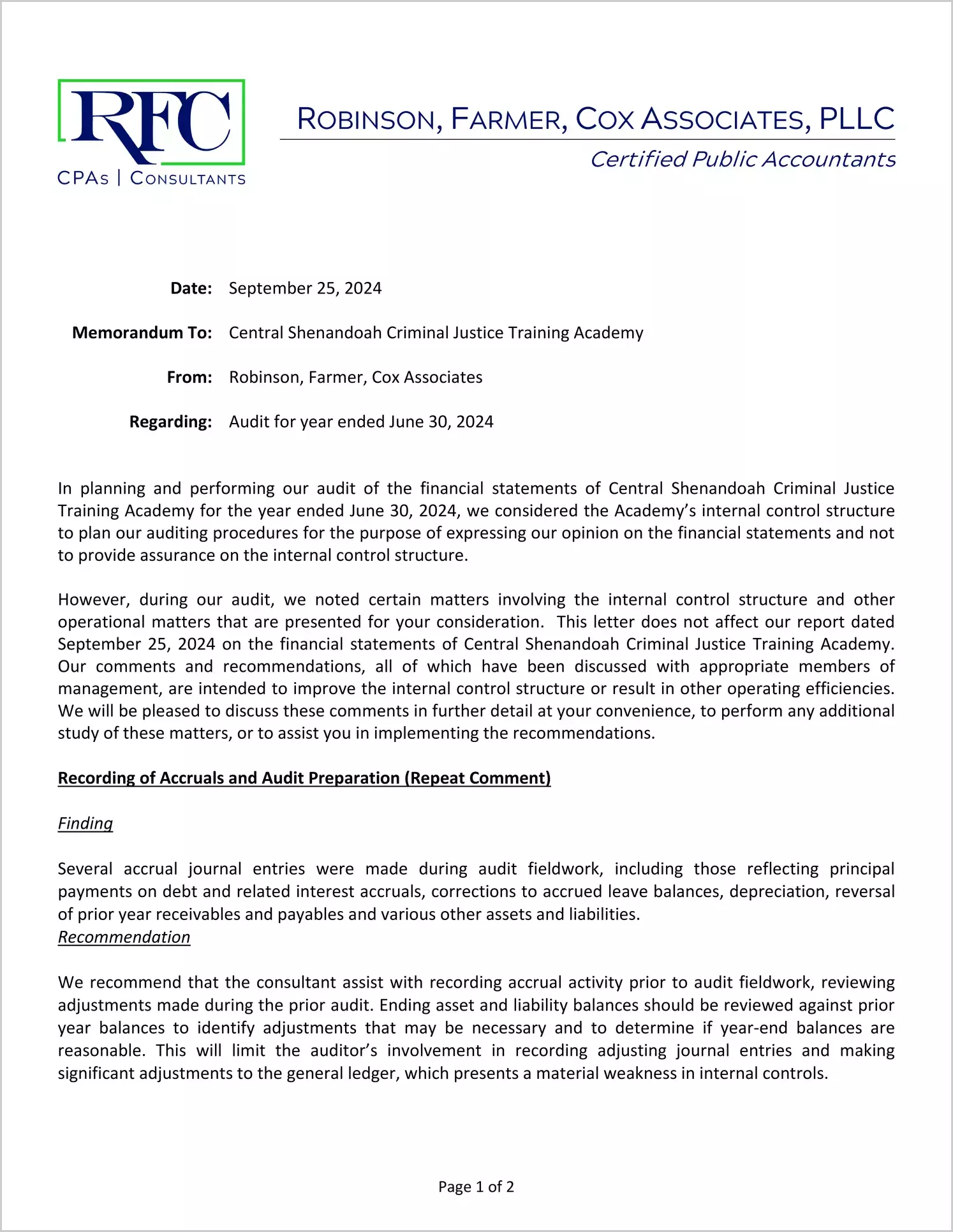 preview of 2024 ABC/Other Management Letter for Central Shenandoah Criminal Justice Training Academy