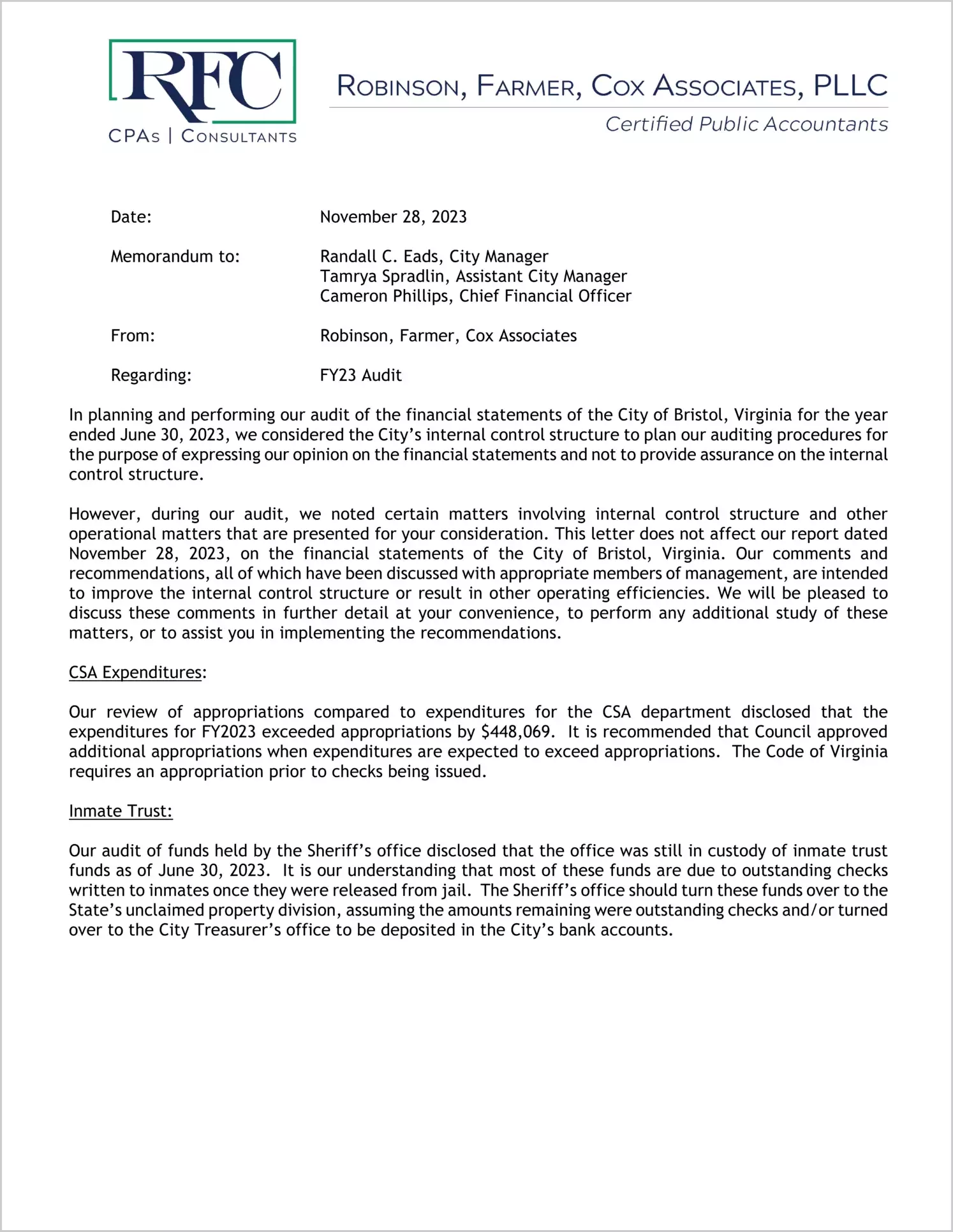 preview of 2023 Management Letter for City of Bristol