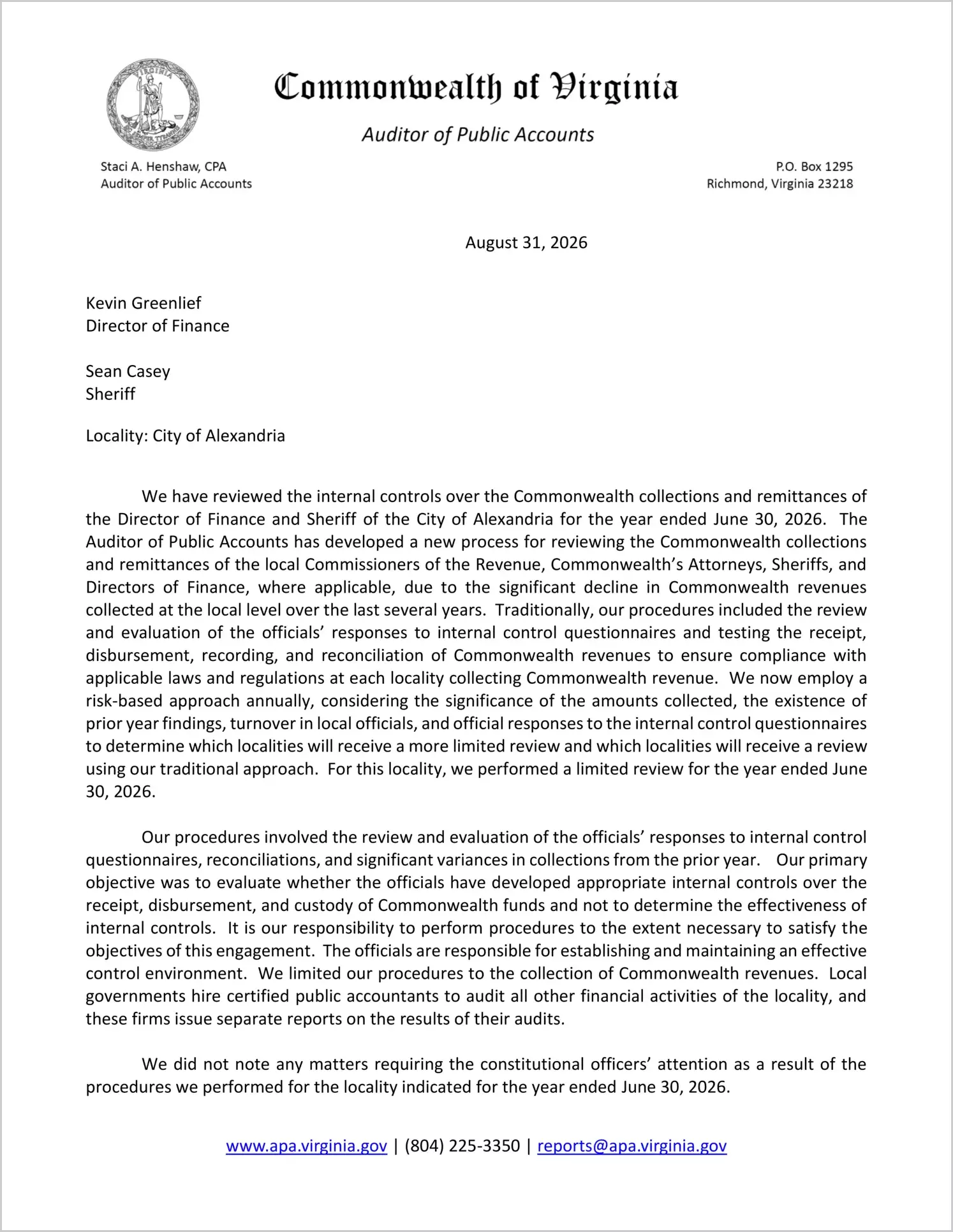 preview of Commonwealth Collections and Remittances of the Director of Finance and Sheriff for the City of Alexandria for the year ended June 30, 2026
