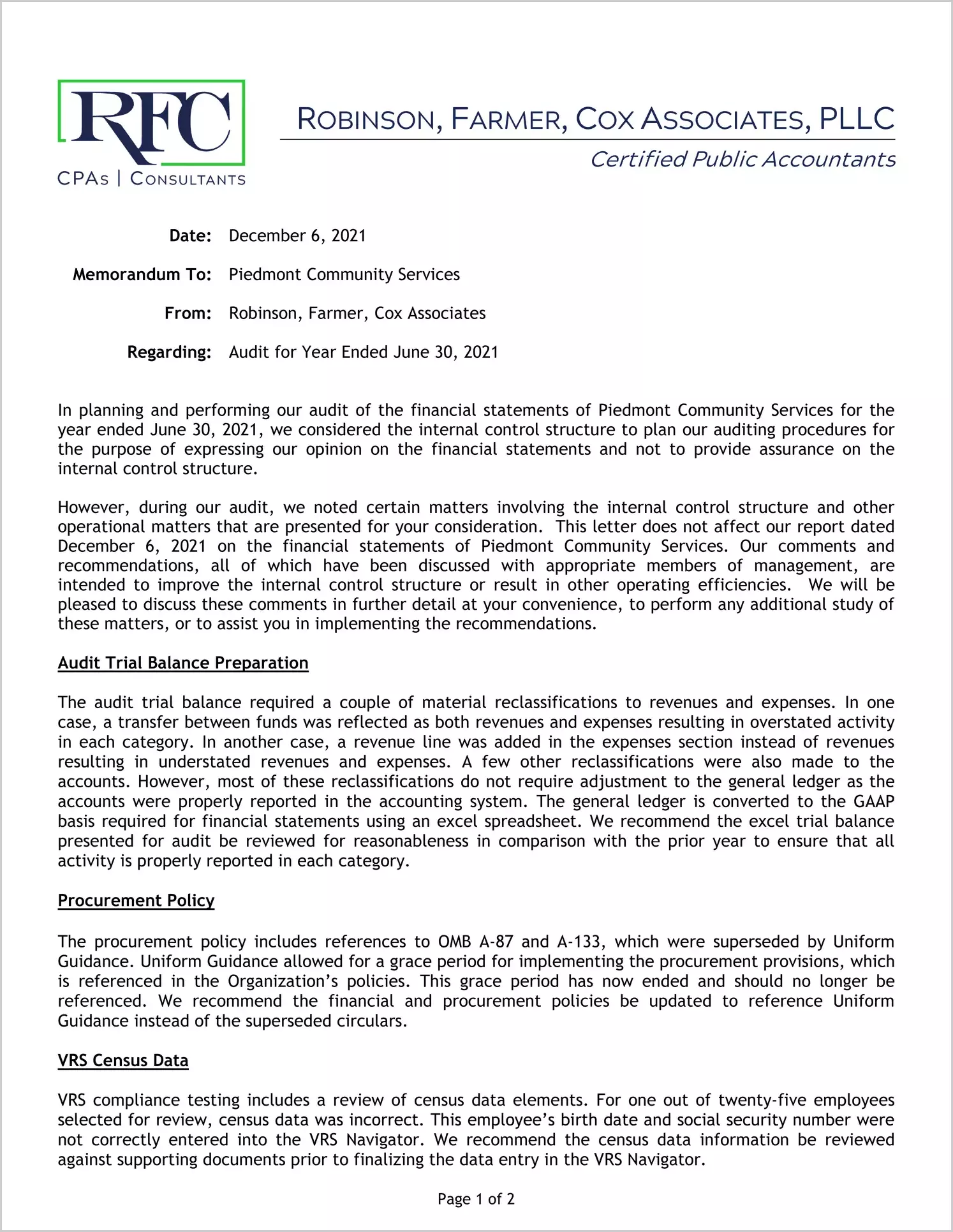 preview of 2021 ABC/Other Management Letter for Piedmont Community Services Board