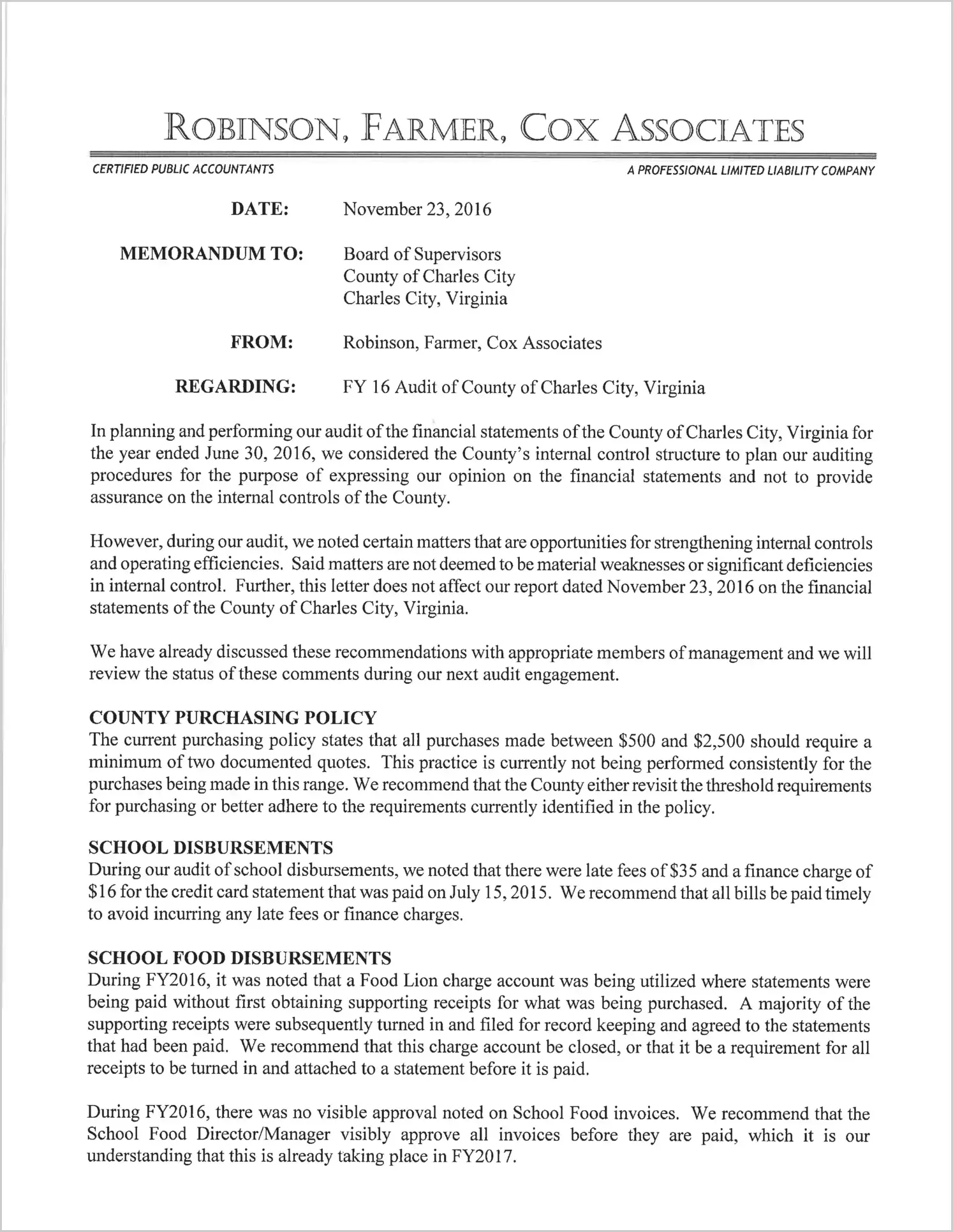 2016 Management Letter for County of Charles City