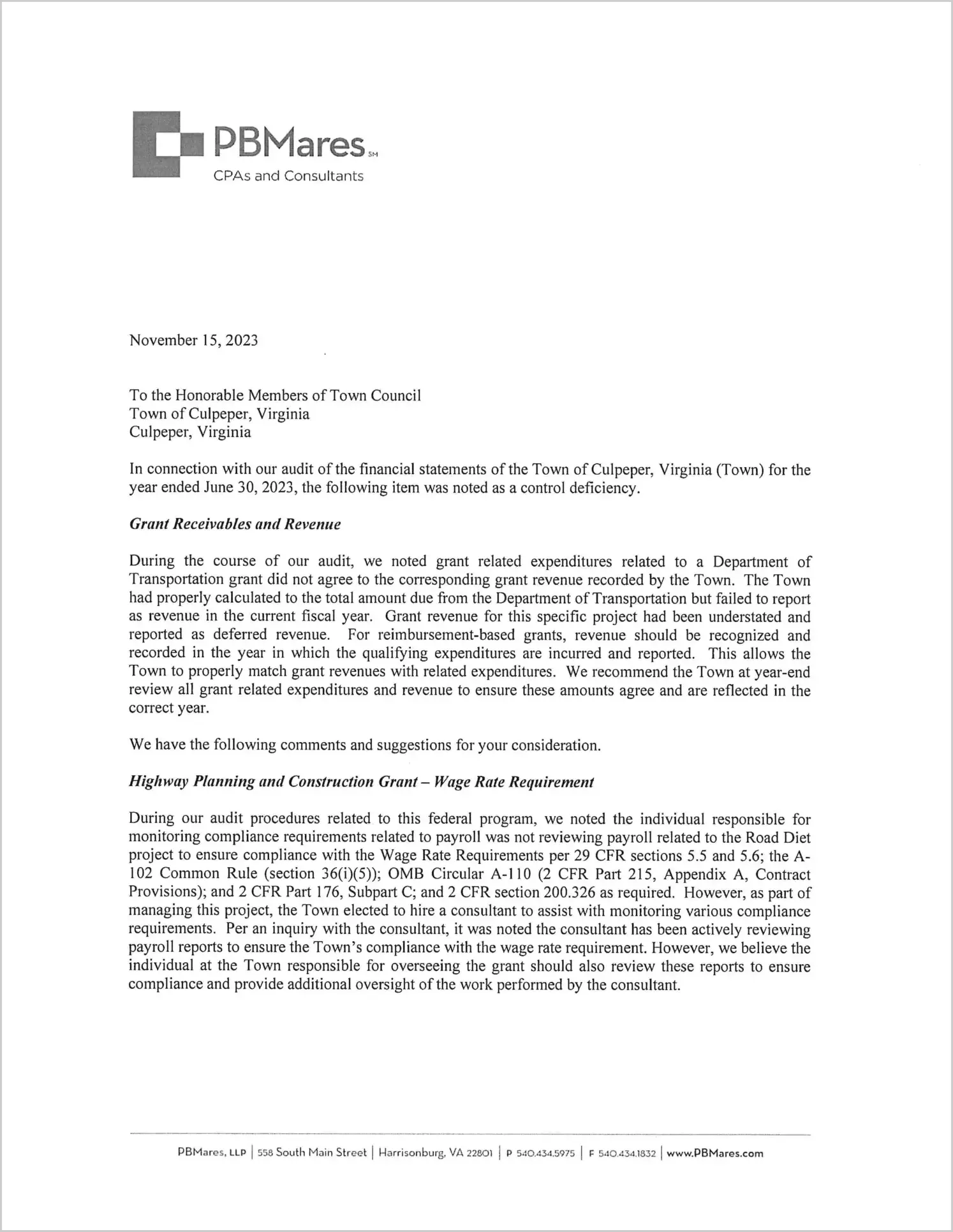 preview of 2023 Management Letter for Town of Culpeper