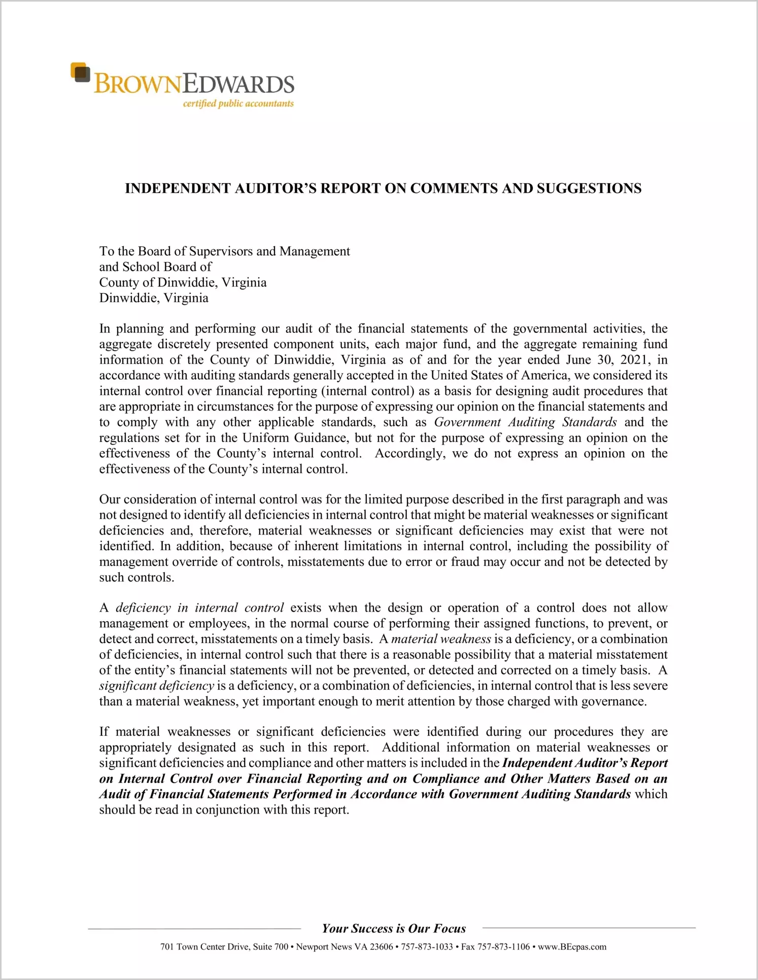 preview of 2021 Management Letter for County of Dinwiddie