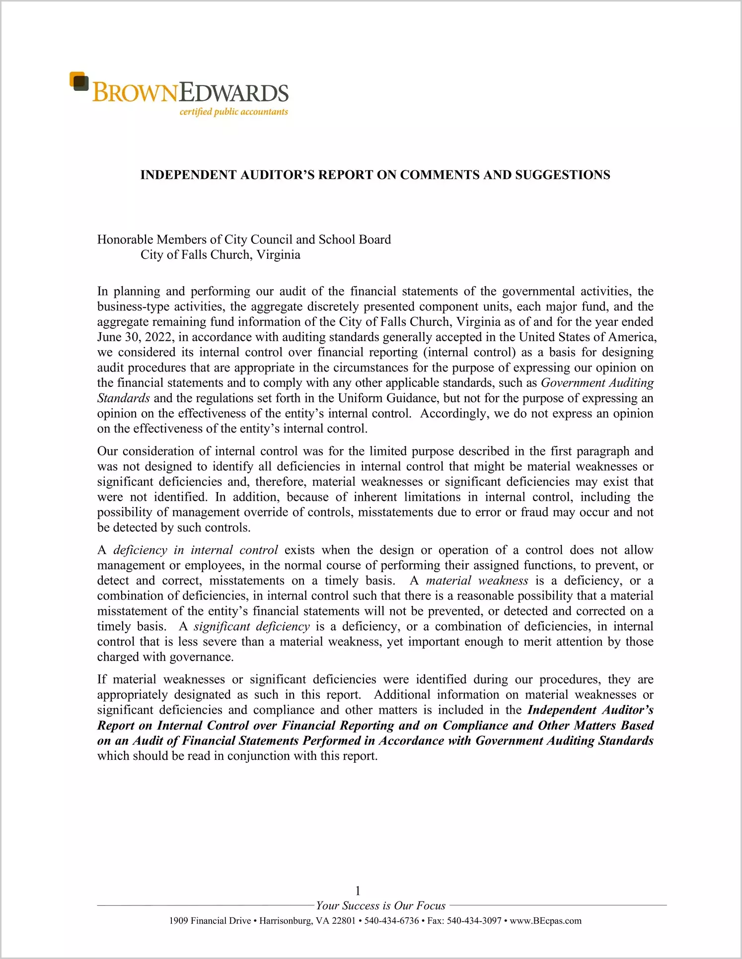 preview of 2022 Management Letter for City of Falls Church