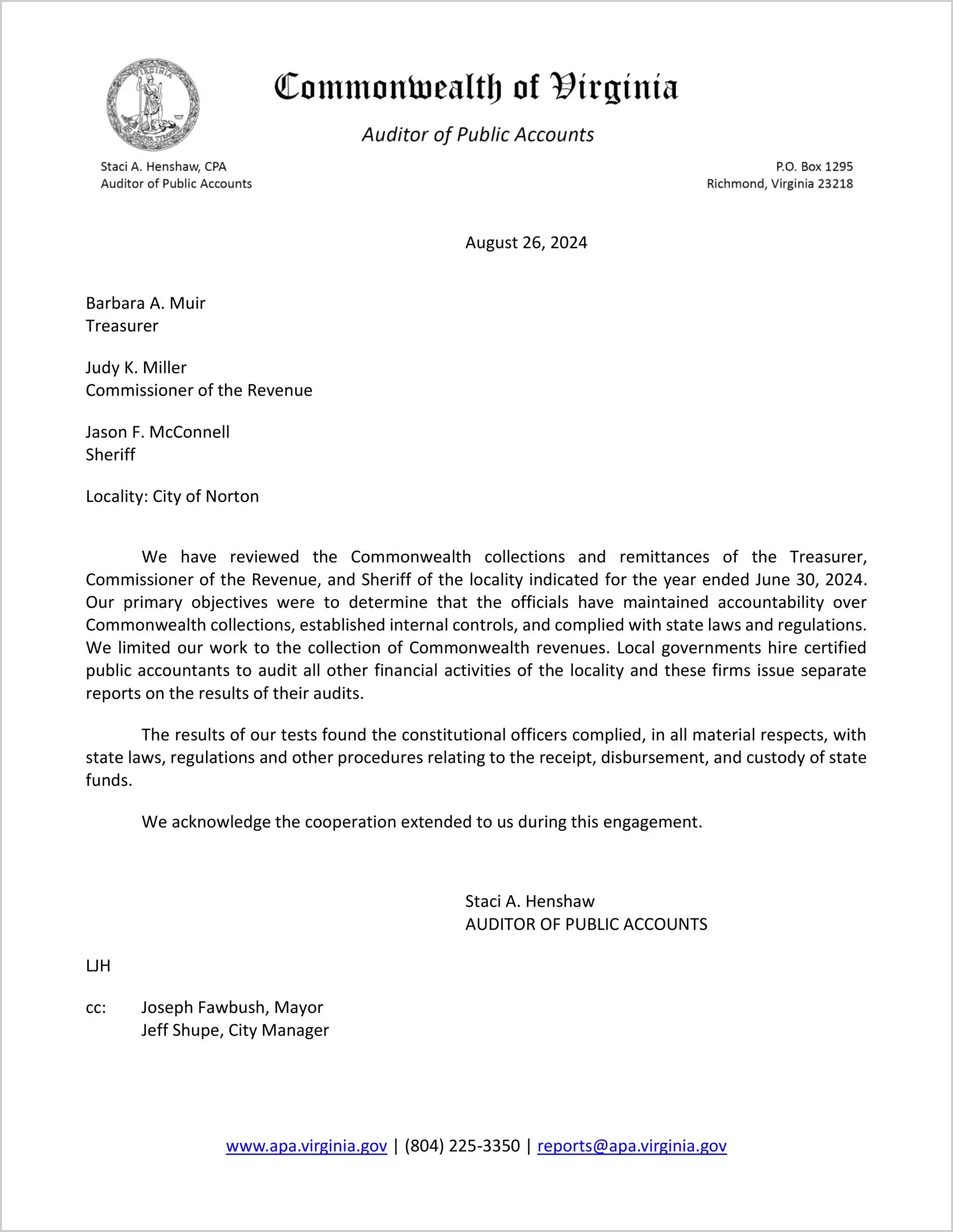 Commonwealth Collections and Remittances for the Treasurer, Commissioner of the Revenue, and Sheriff for the City of Norton for the year ended June 30, 2024