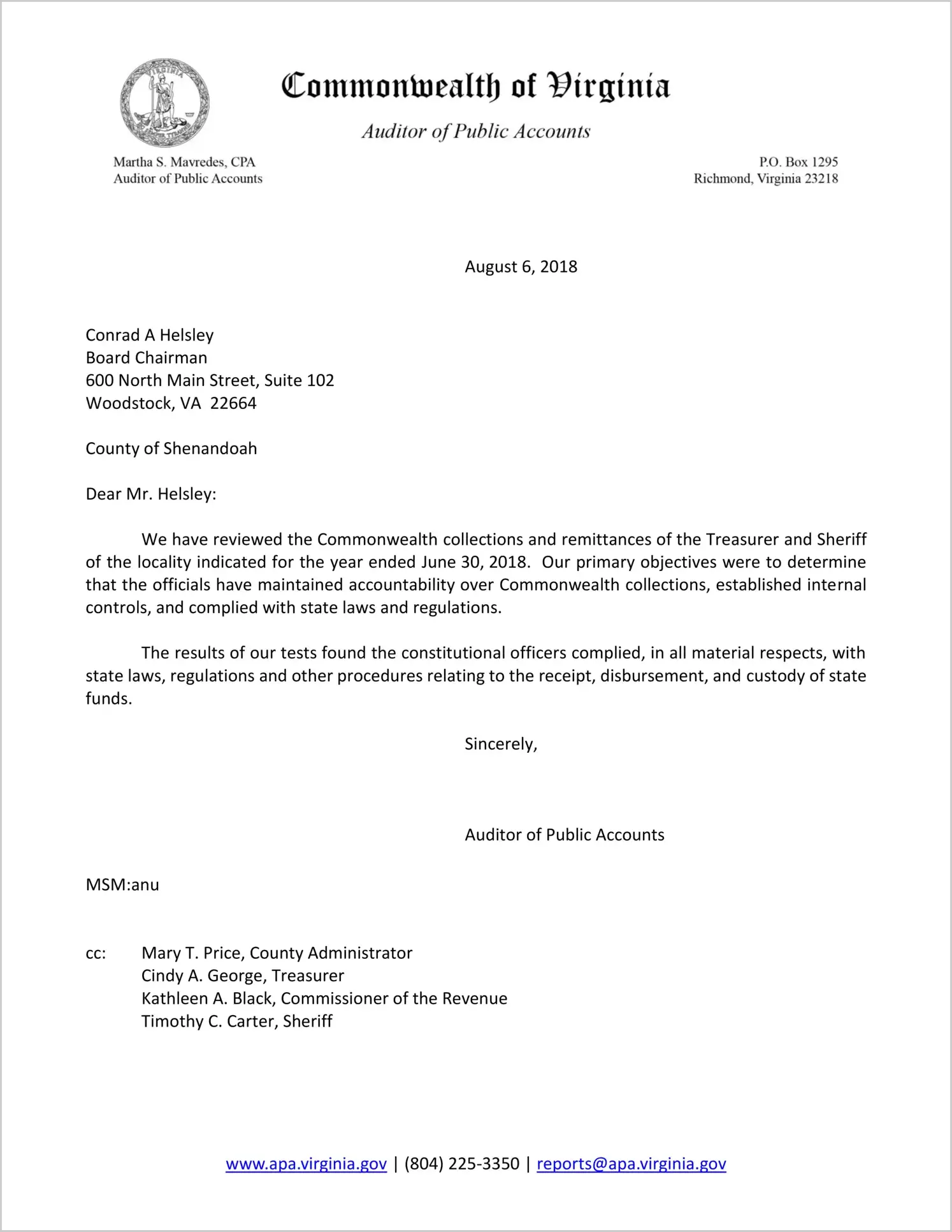 Commonwealth Collections and Remittances of the Treasurer, and Sheriff of the County of Shenandoah for the year Ended June 30, 2018