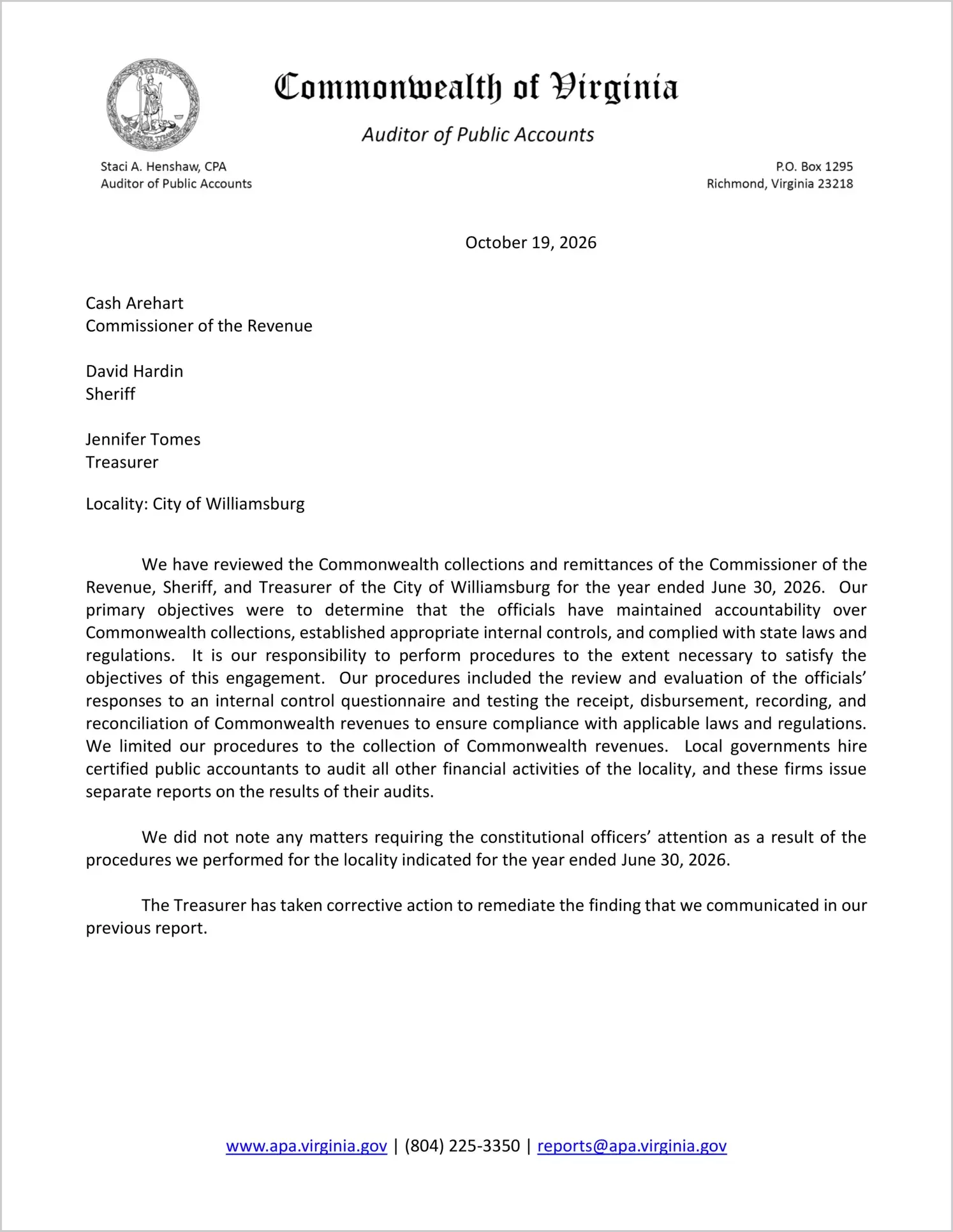 preview of Commonwealth Collections and Remittances of the Commissioner of the Revenue, Sheriff, and Treasurer for the City of Williamsburg for the year ended June 30, 2026