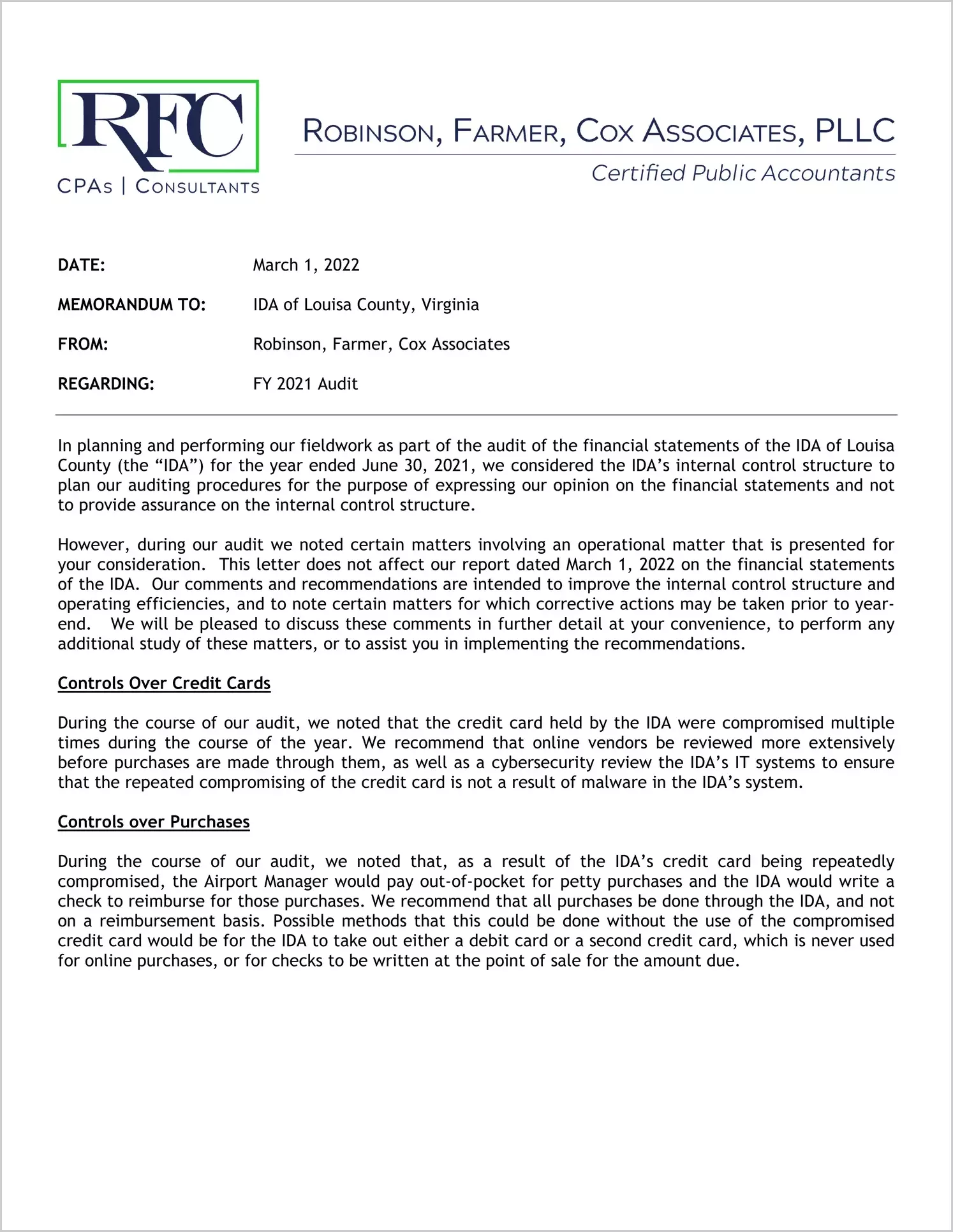 2021 ABC/Other Management Letter for Louisa Industrial Development Authority