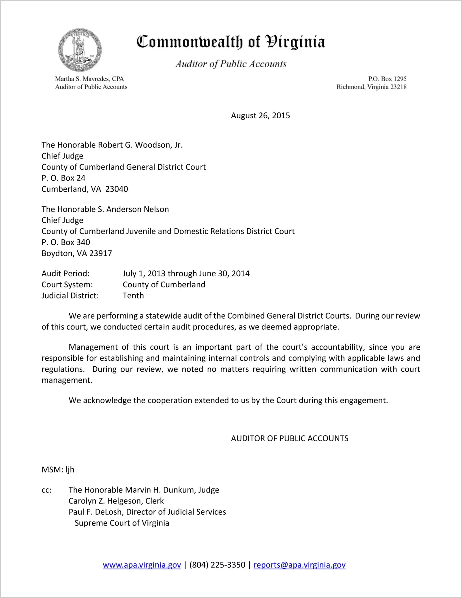 Clerk of the Combined General District Court for the County of Grayson Report on Audit for the period July 1, 2013 through June 30, 2014