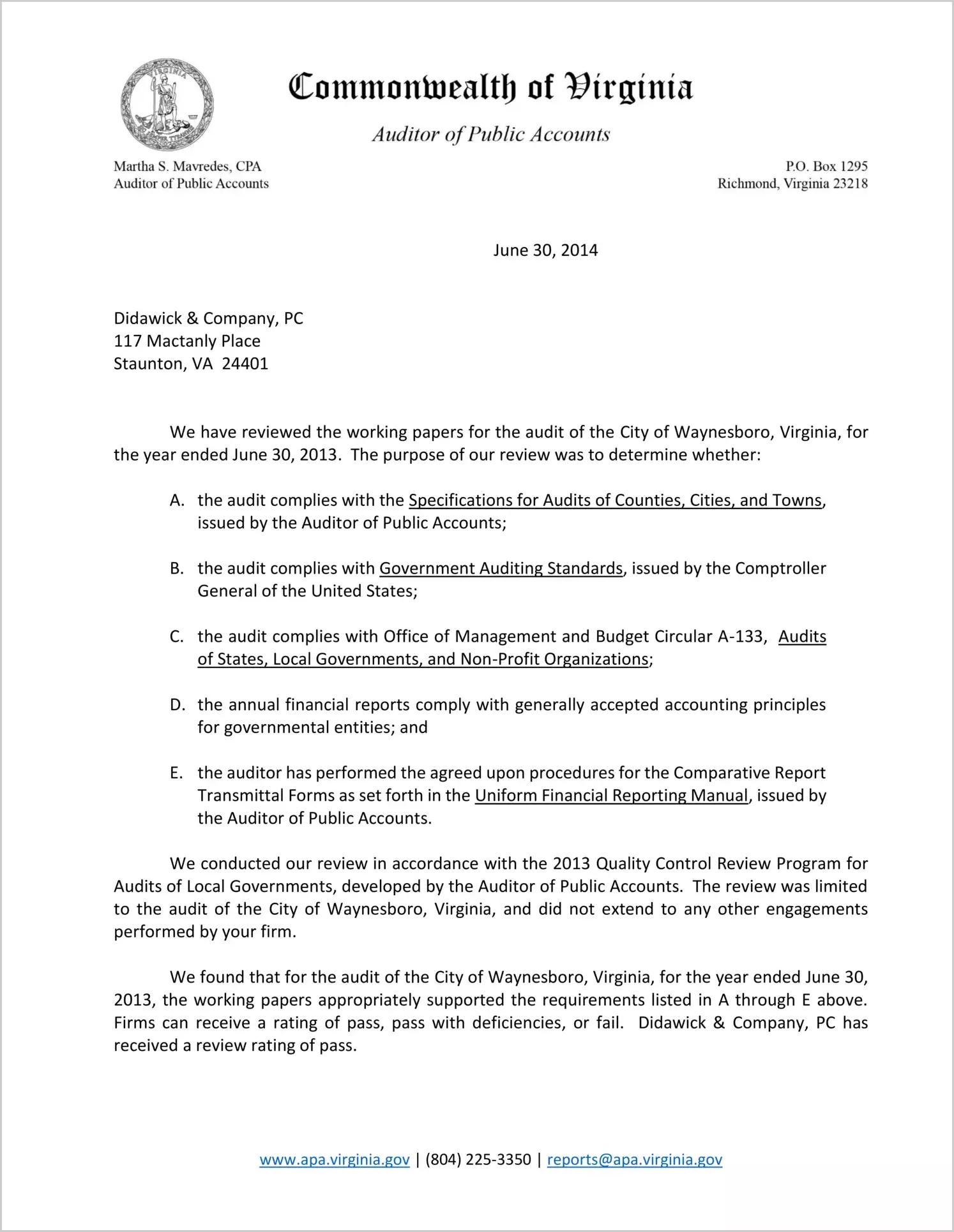 2013 Quality Control Review for City of Waynesboro