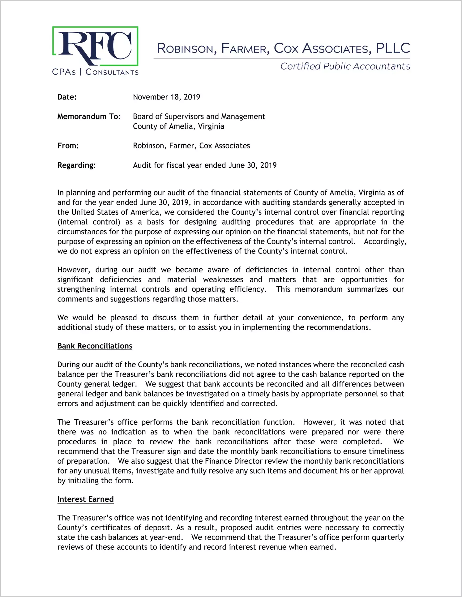 2019 Management Letter for County of Amelia
