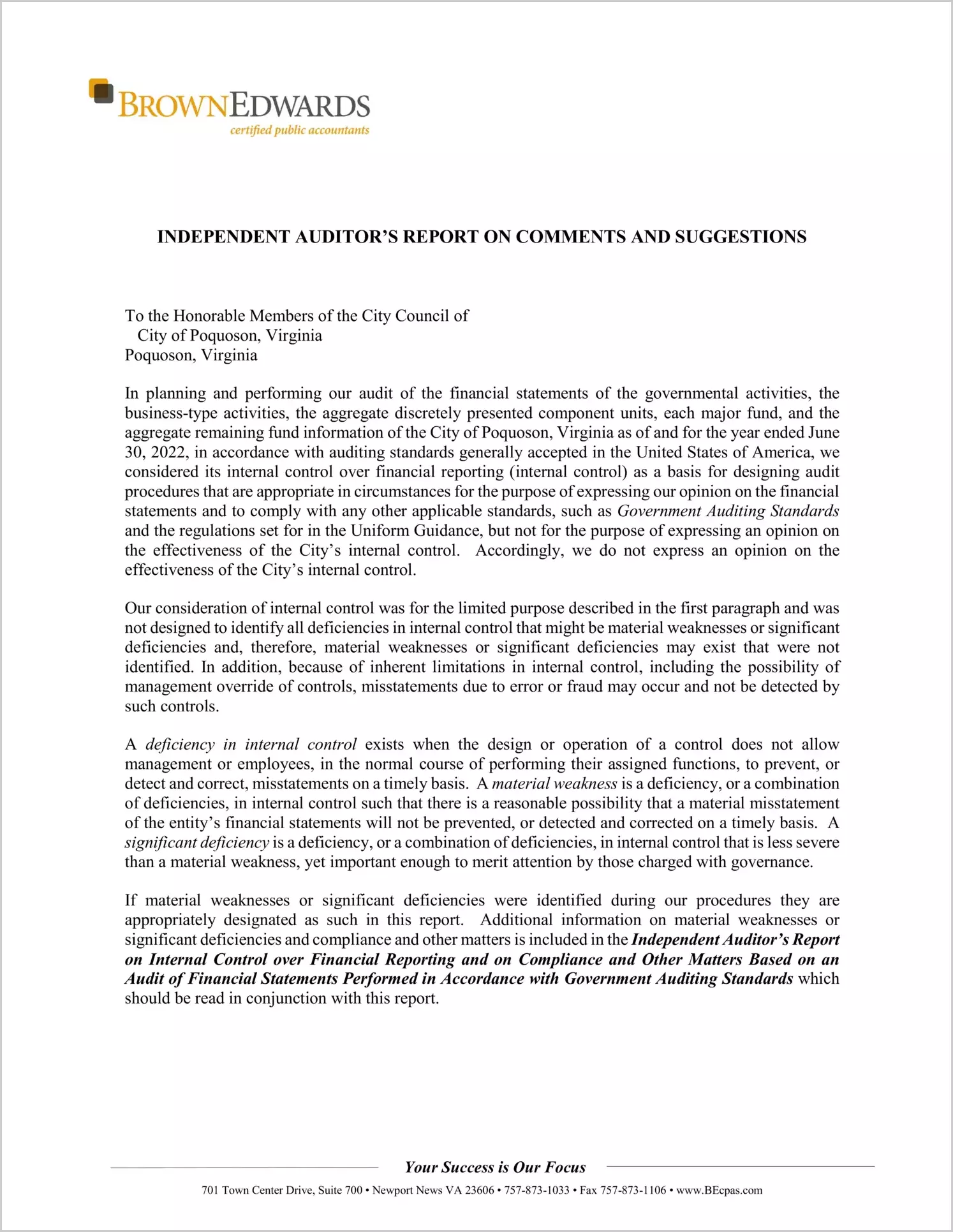 preview of 2022 Management Letter for City of Poquoson