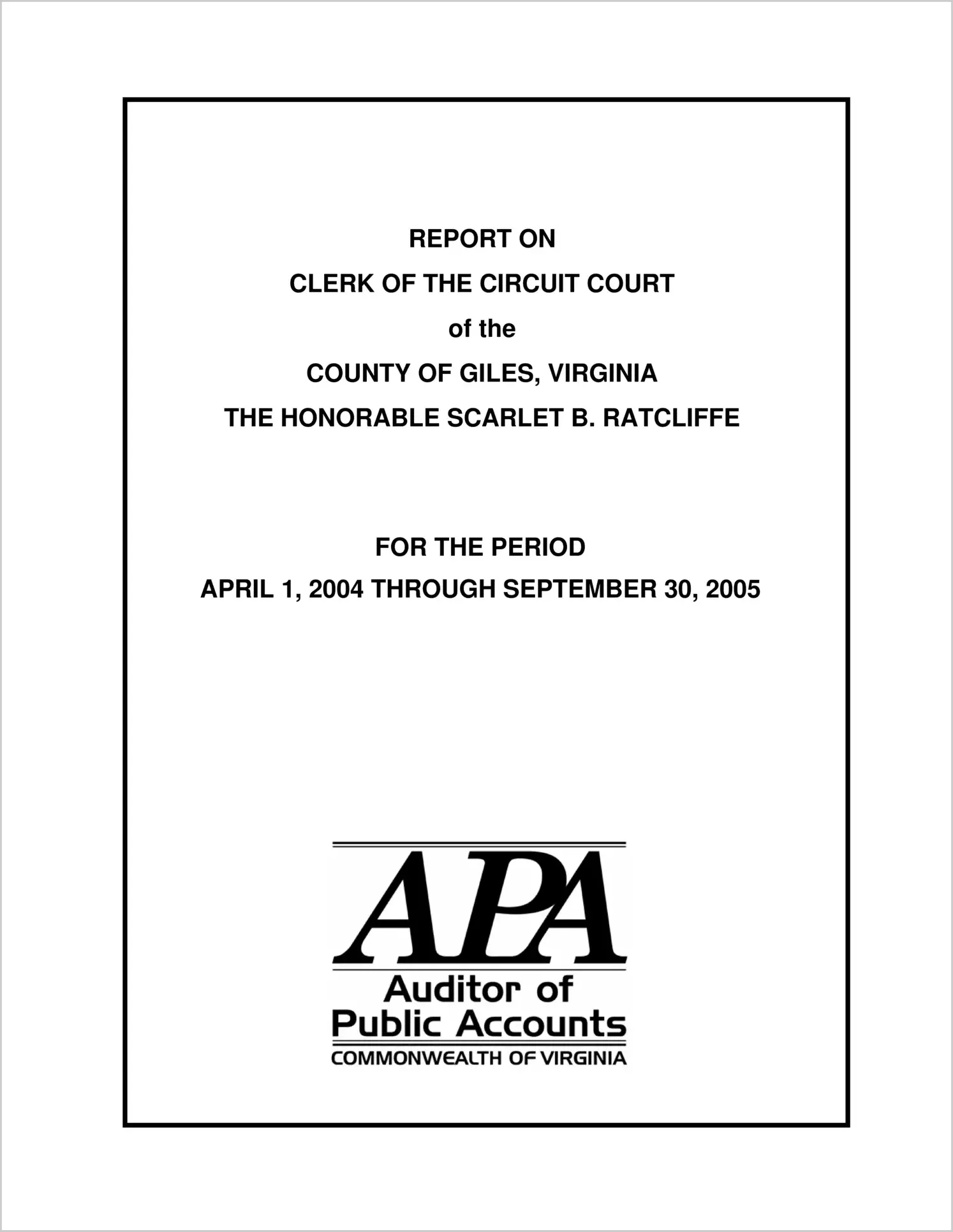 Clerk of the Circuit Court of the County of Bath for the period April 1, 2004 through September 30, 2005