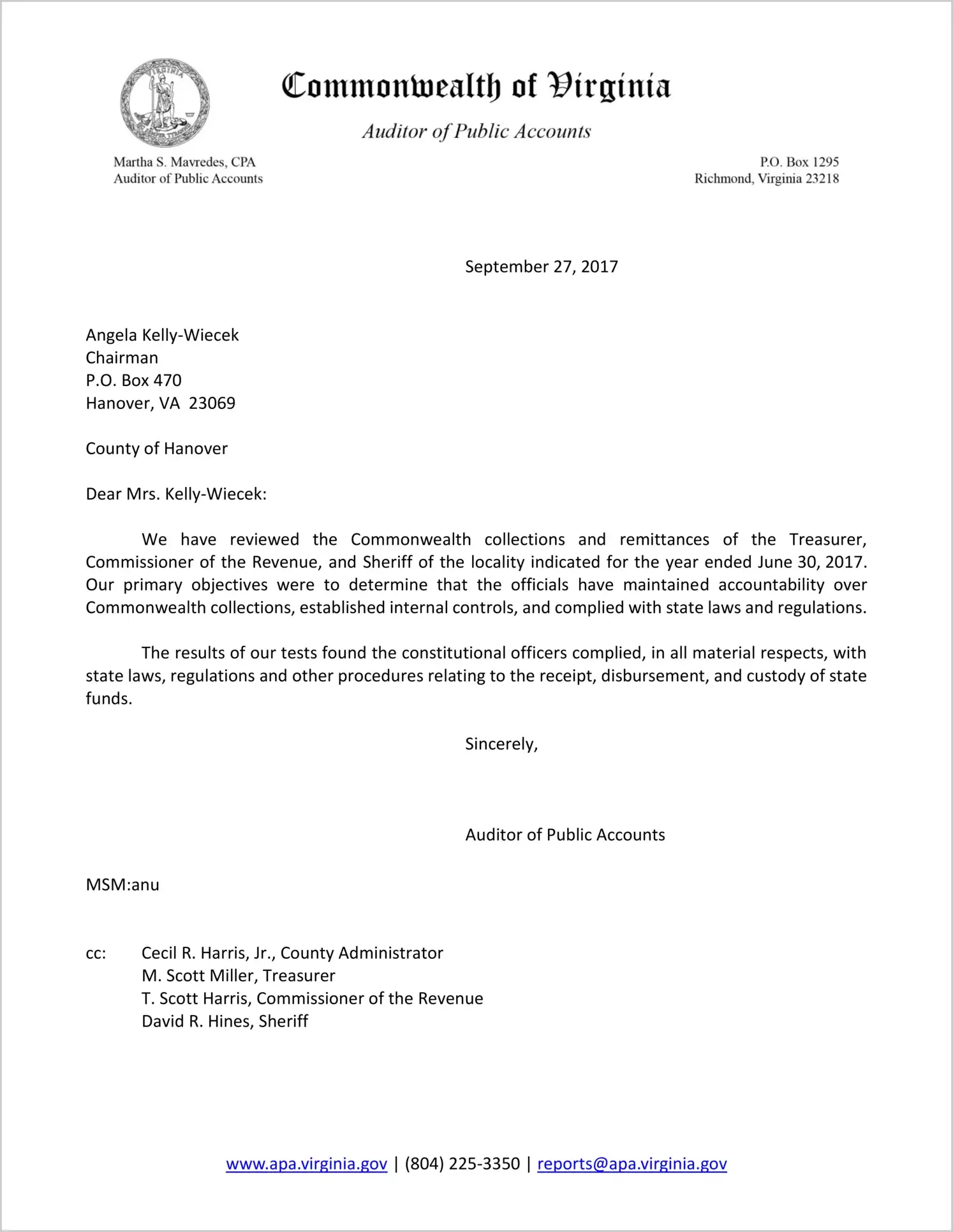 Commonwealth Collections and Remittances of the Treasurer, Commissioner of the Revenue and Sheriff of the County of Hanover for year Ended June 30, 2017