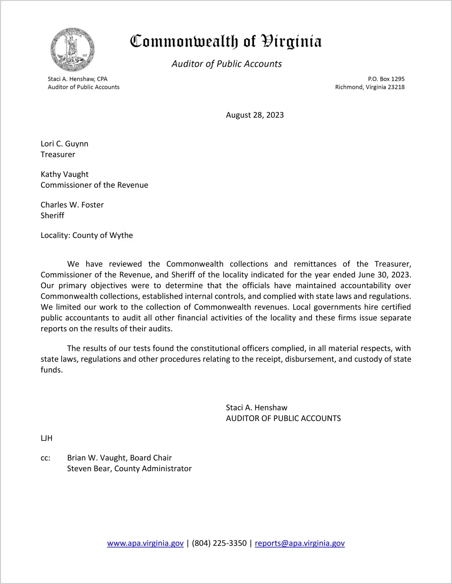 Commonwealth Collections and Remittances of the Treasurer, Commissioner of Revenue, and Sheriff for the County of Wythe for the year ended June 30, 2023