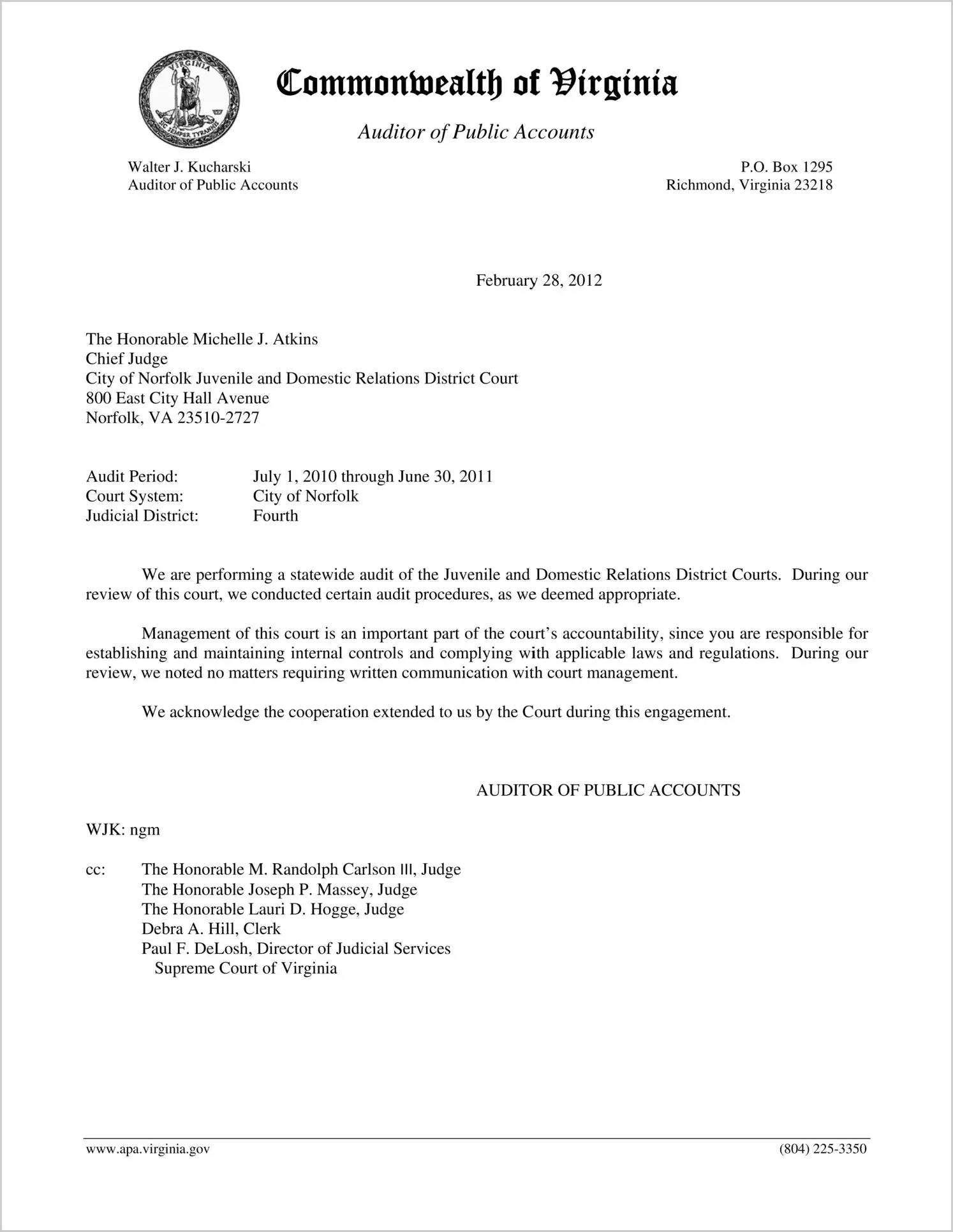 Clerk of the Juvenile and Domestic Relations Court for the City of Norfolk Report on Audit for the period July 1, 2010 through June 30, 2011