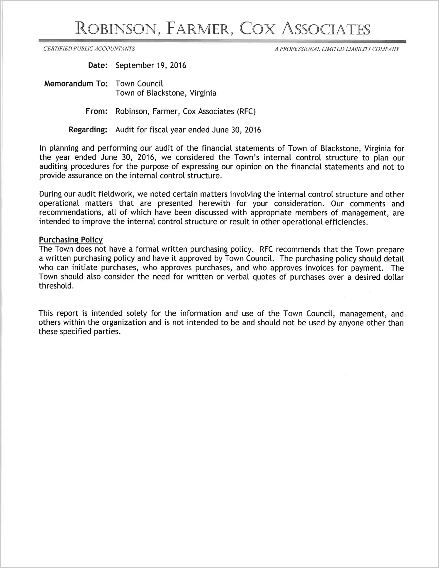2016 Management Letter for Town of Blackstone