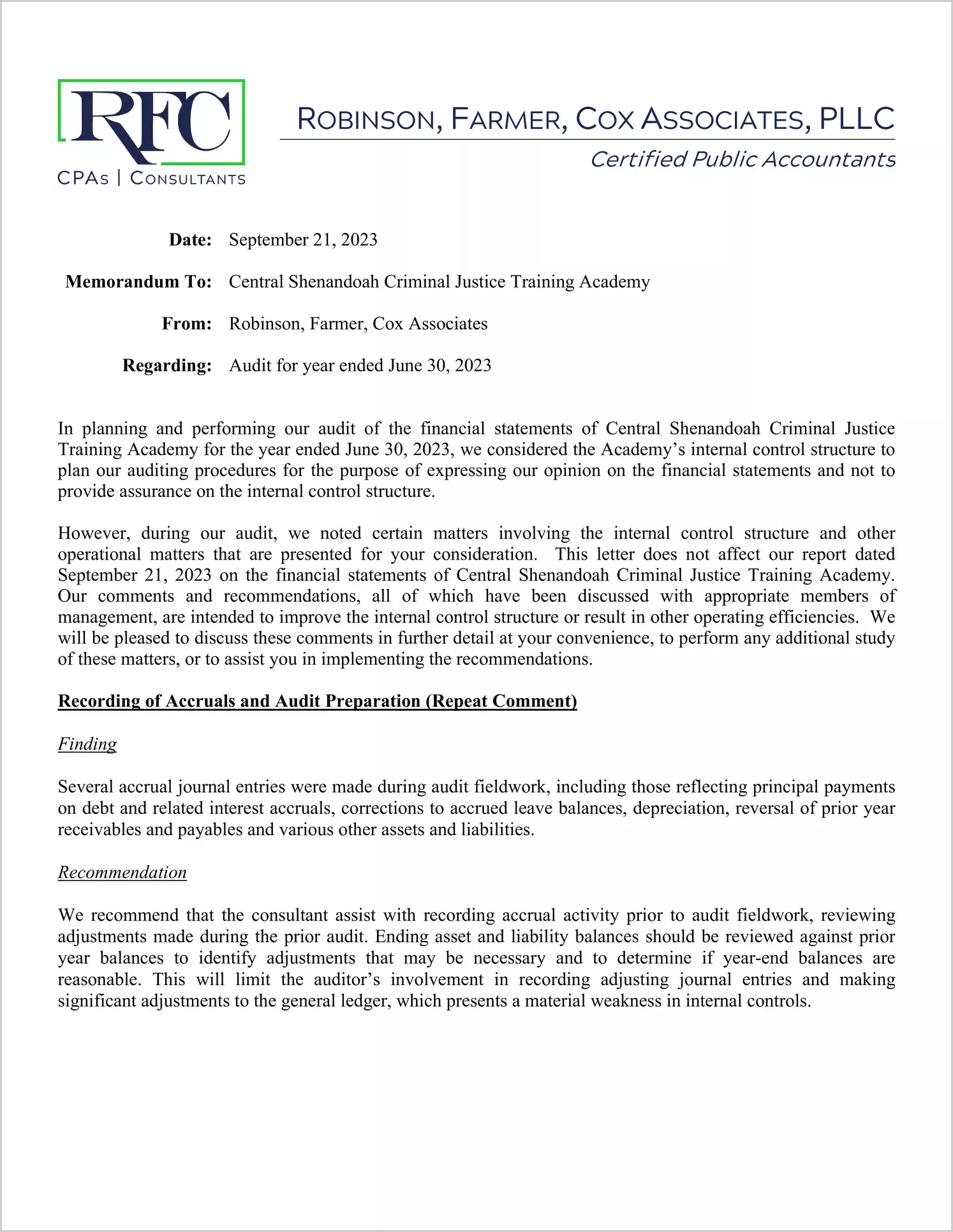 preview of 2023 ABC/Other Management Letter for Central Shenandoah Training Academy