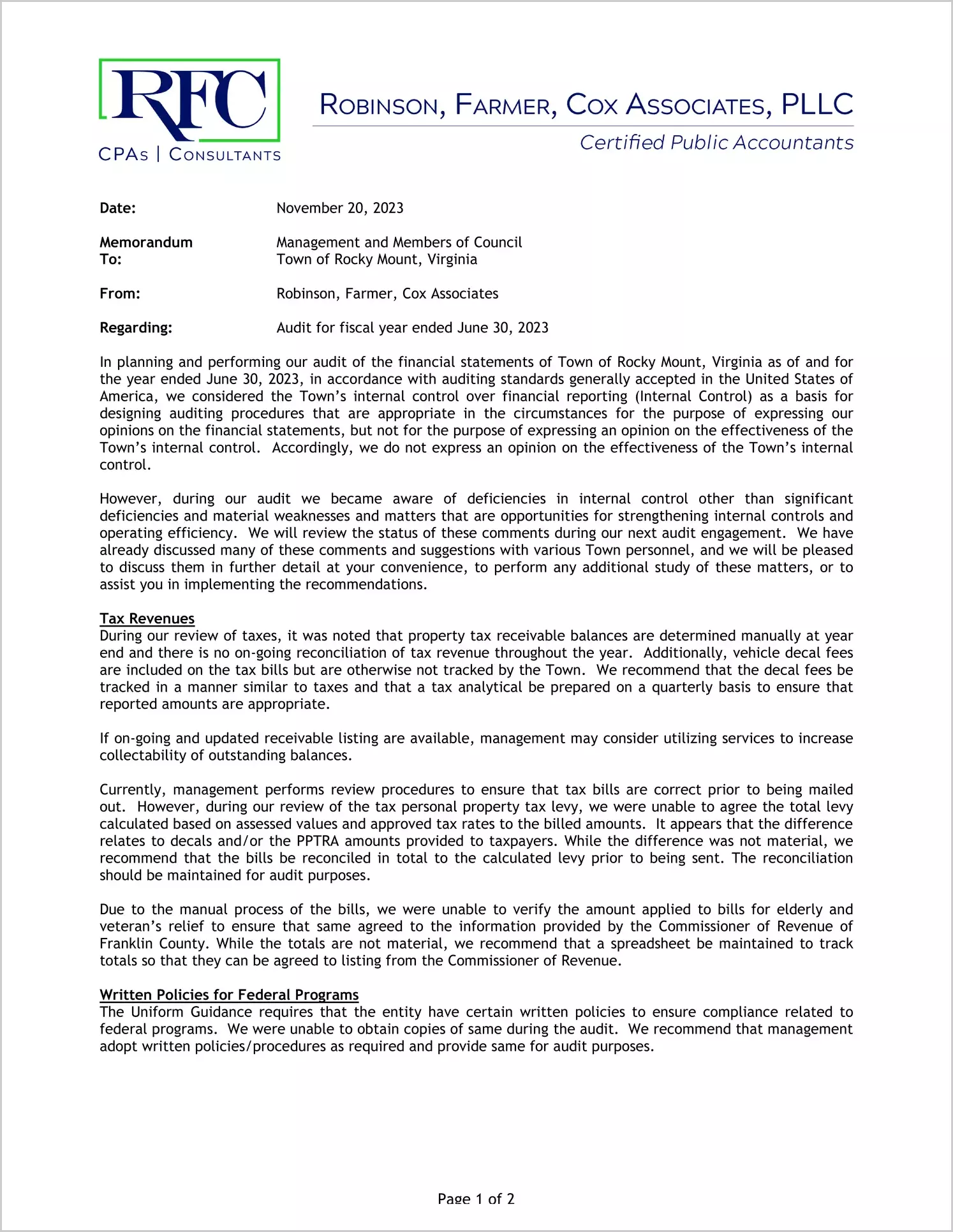preview of 2023 Management Letter for Town of Rocky Mount