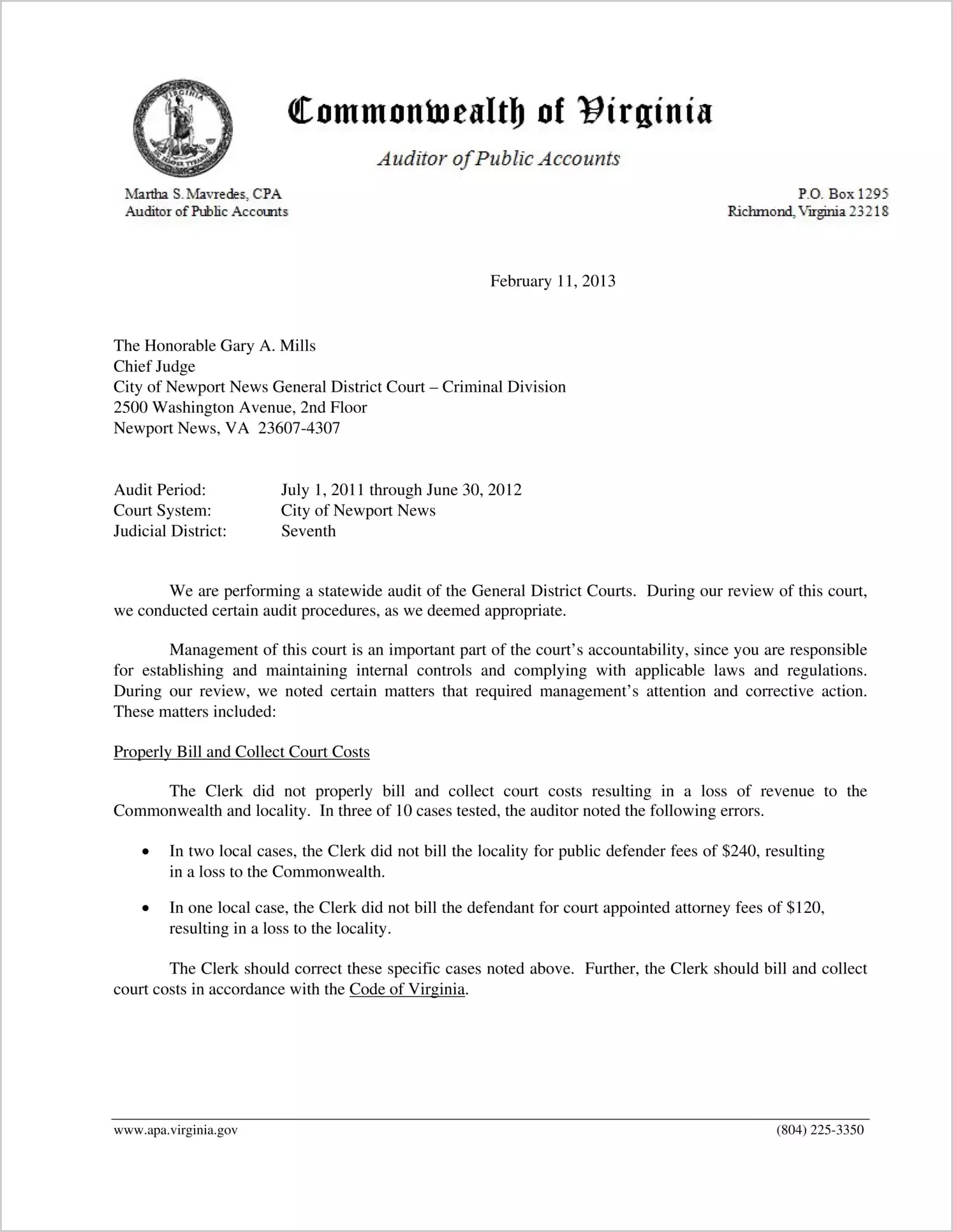 Clerk of the General District Court - Criminal Division for the City of Newport News Report on Audit for the period July 1, 2011 through June 30, 2012